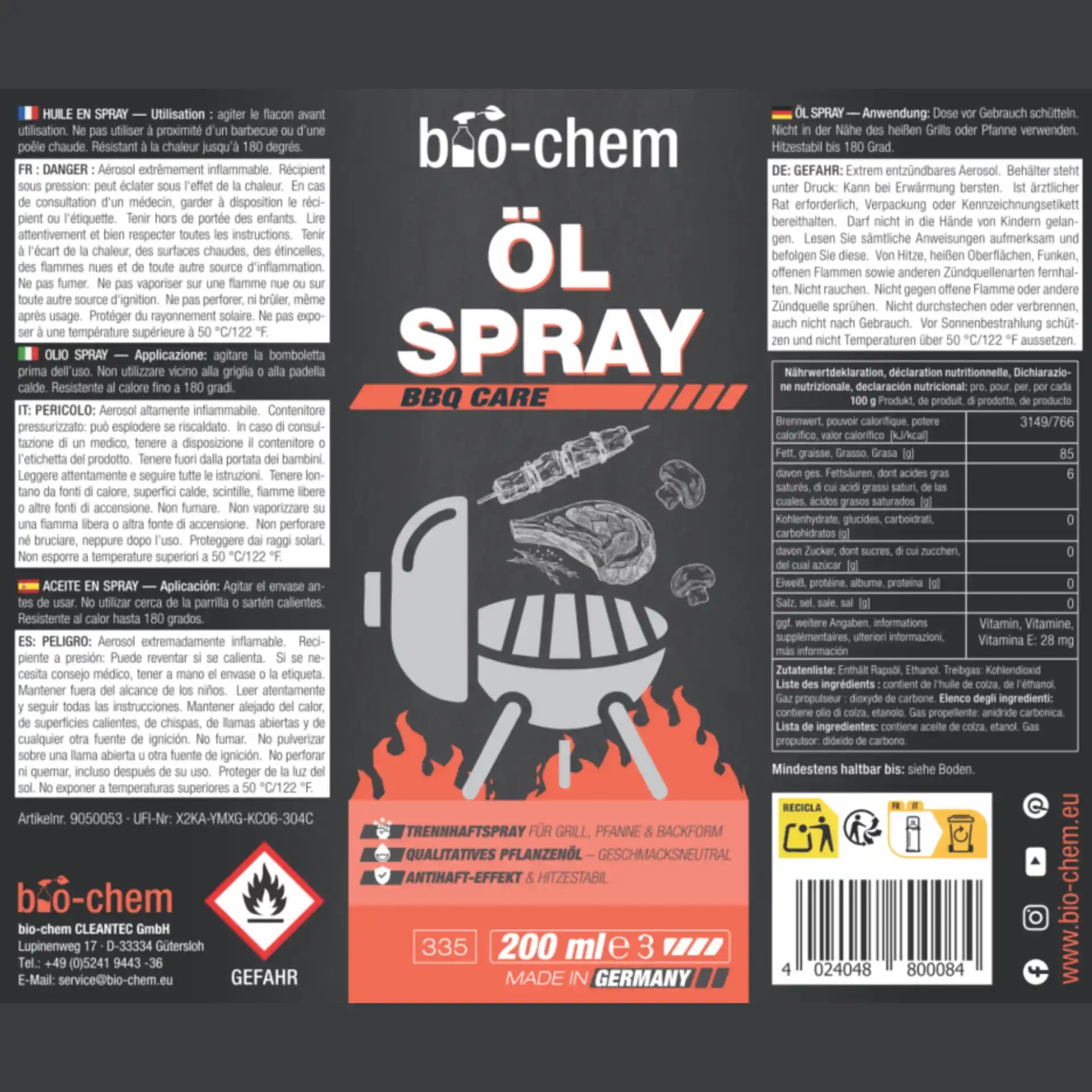 Rückseite der bio-chem Ölspray-Dose mit Anwendungshinweisen, Nährwerttabelle und Sicherheitspiktogrammen