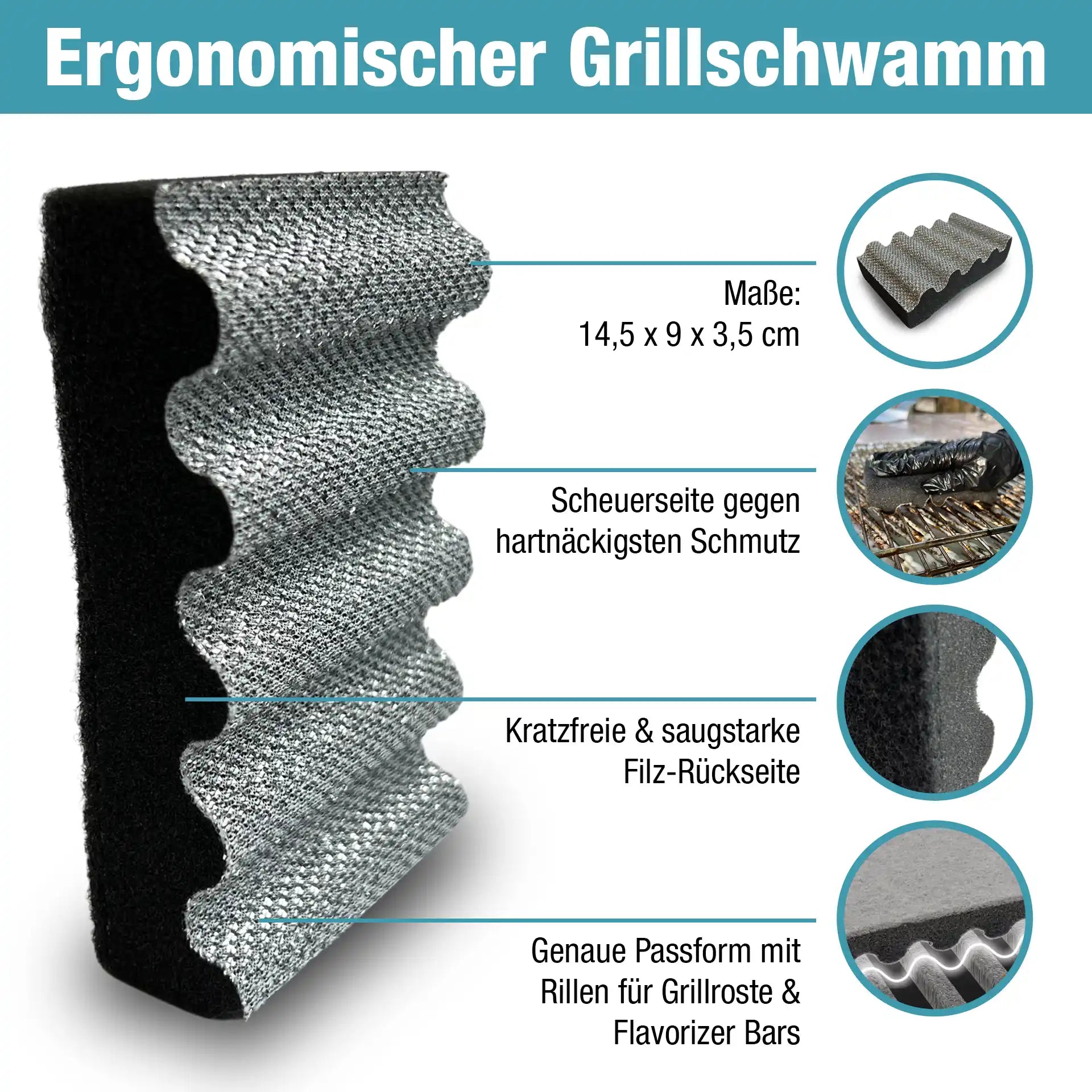 Reinigungsschwamm mit grauer Scheuerseite, schwarzer Filzseite, perfekt für Grillrillen