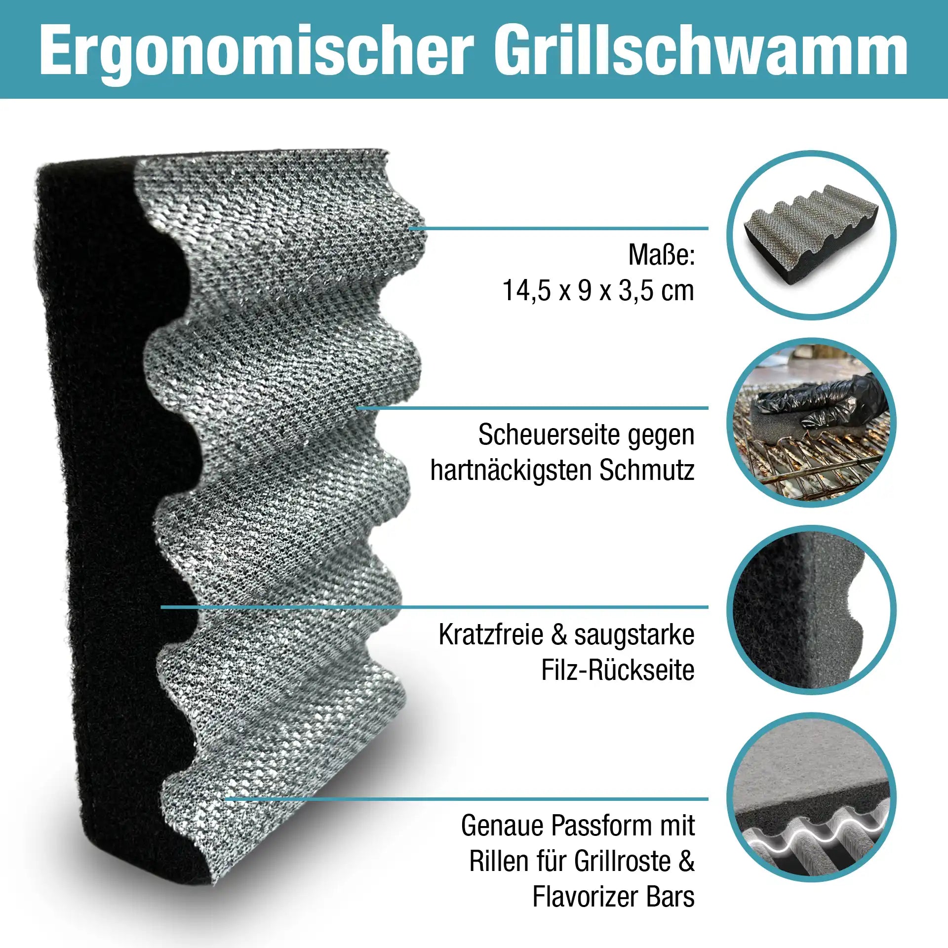Reinigungsschwamm mit grauer Scheuerseite, schwarzer Filzseite, perfekt für Grillrillen
