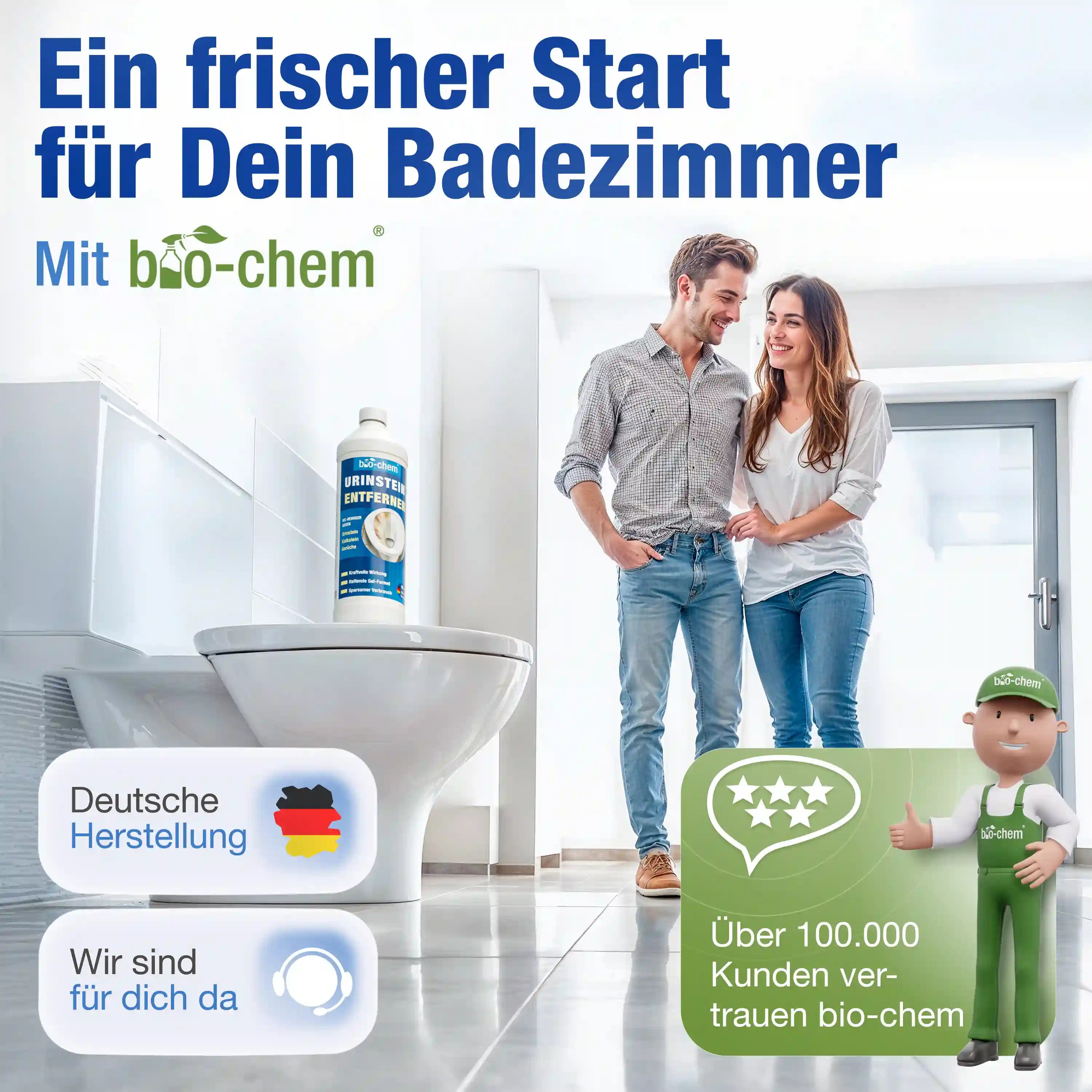 Zwei Personen mit Produktflasche in sanitärem Umfeld – geeignet für professionelle und private Anwendung