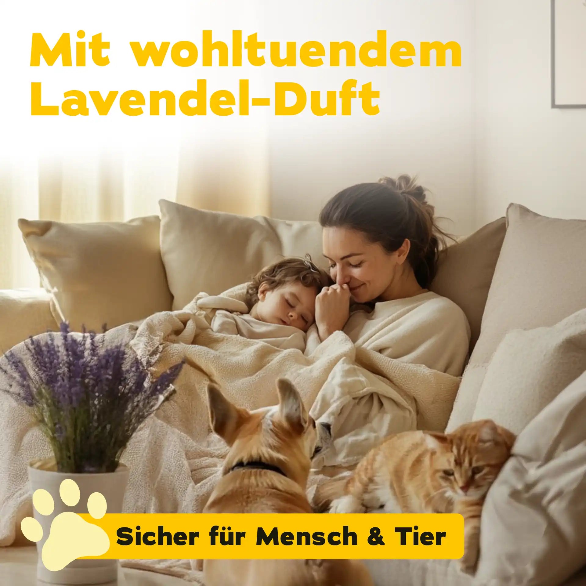 Frau mit Kind und Haustieren auf Sofa, umgeben von entspannter Atmosphäre, Hinweis auf sicheren Lavendelduft für Mensch und Tier