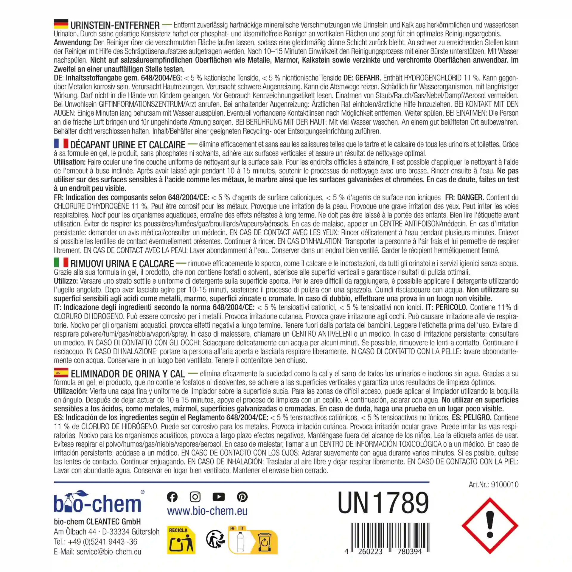 Produktabbildung im sauberen Badumfeld, ergänzt durch Bimsstein – Text-Icons betonen chlorfreie Rezeptur