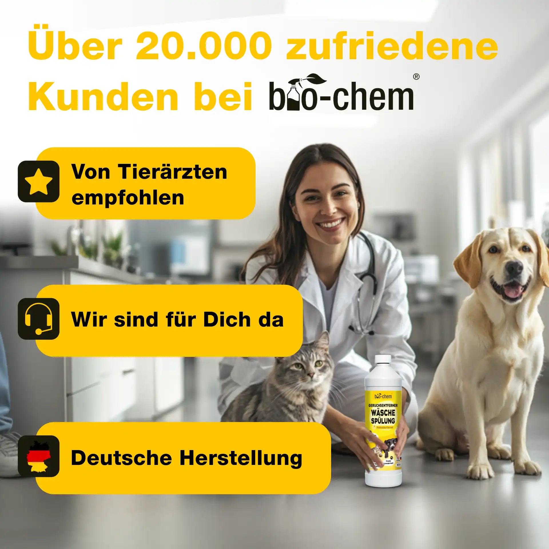 Tierärztin mit Hund und Katze, Text zu über 20.000 zufriedenen Kunden, Empfehlung von Tierärzten und deutscher Herstellung