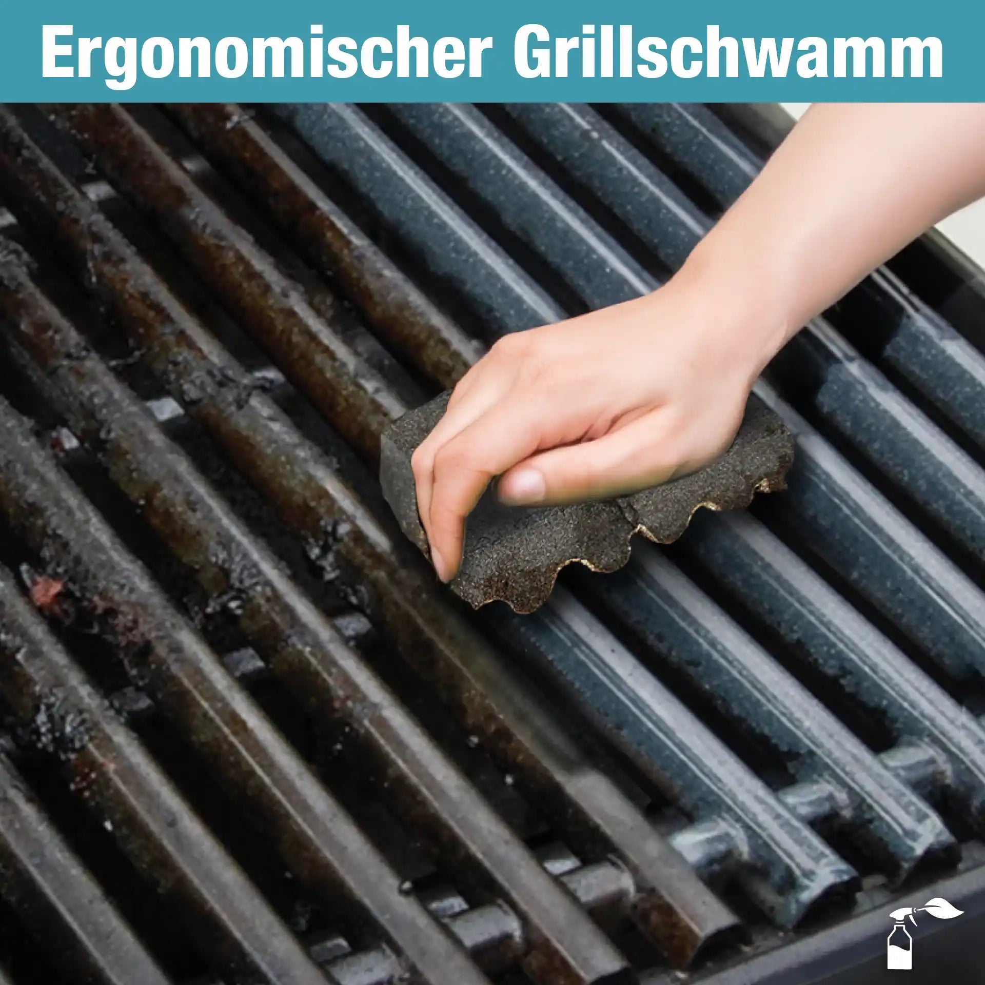 Hand nutzt ergonomischen Grillschwamm auf verschmutztem Grillrost