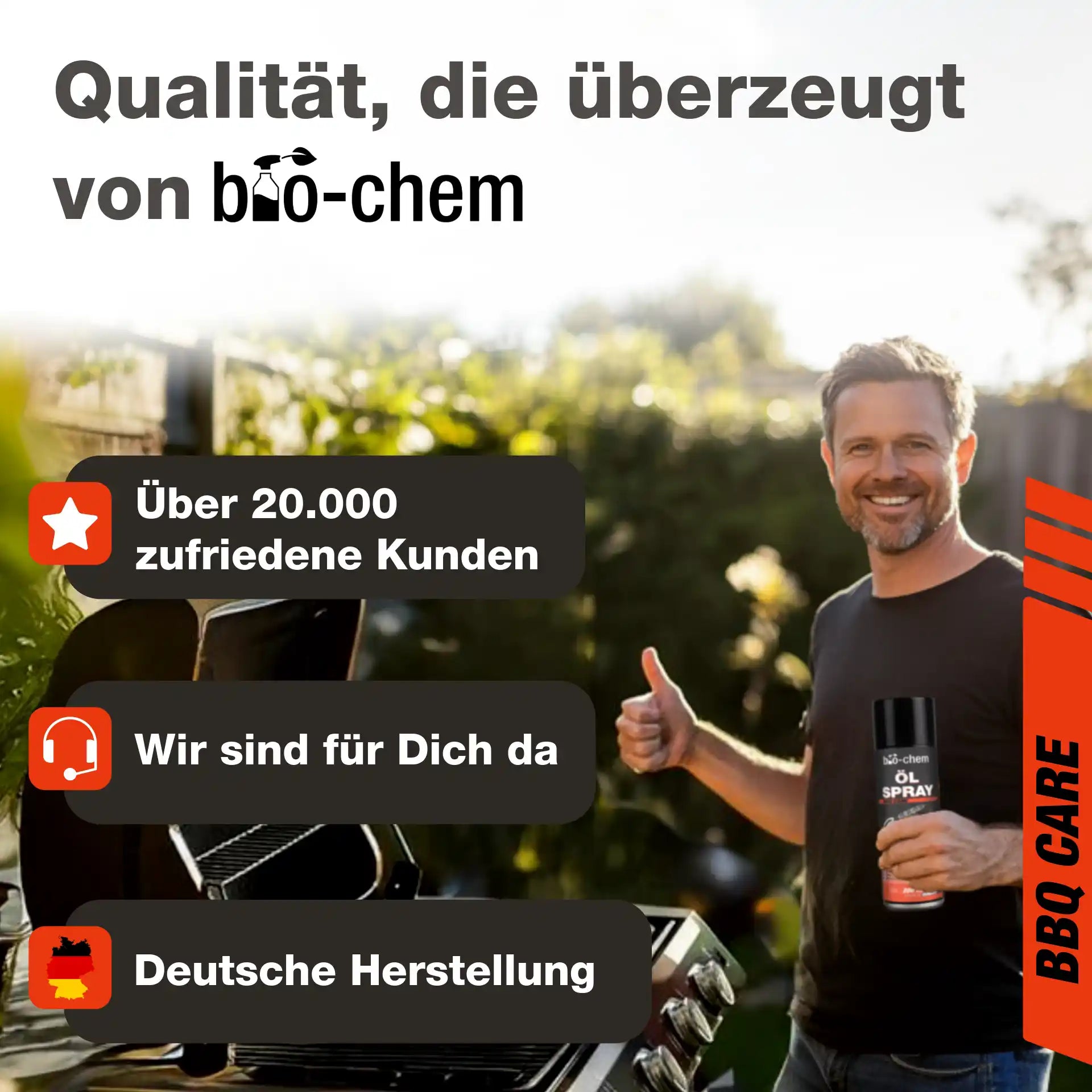 Mann zeigt Daumen hoch mit bio-chem Ölspray vor Grill – über 20.000 zufriedene Kunden und deutsche Herstellung