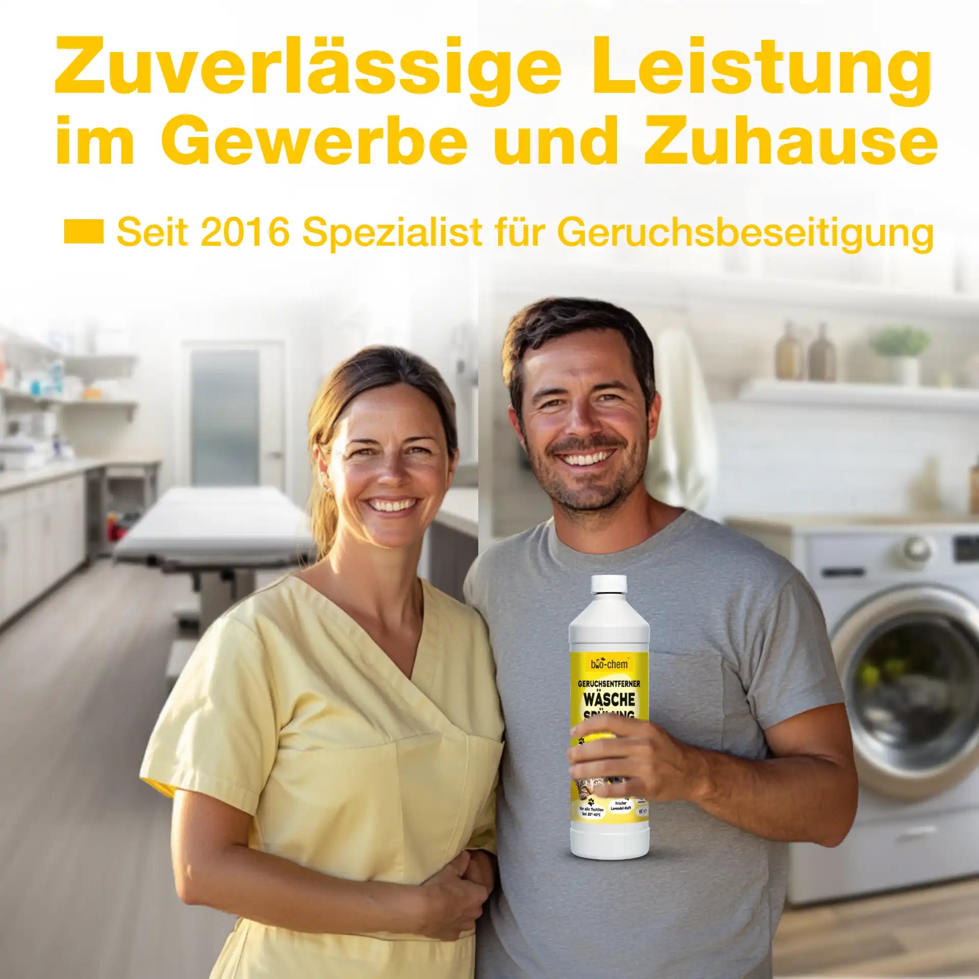 Paar in Waschraum, hält Bio-Chem Geruchsentferner Wäschespülung, Hinweis auf Einsatz im Gewerbe und Zuhause seit 2016