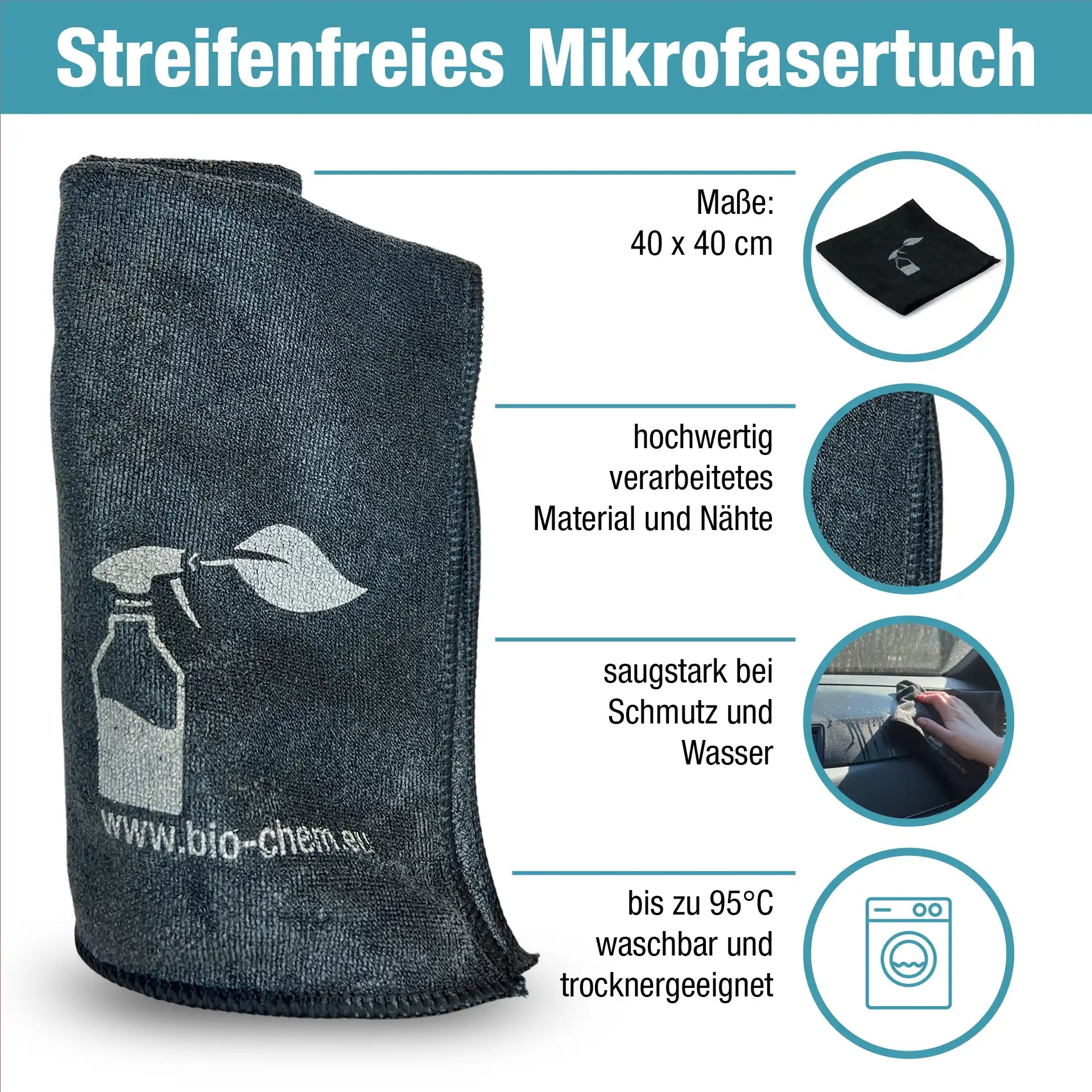 Hochwertiges Mikrofasertuch in dunklem Blau, saugstark, vernähte Kanten, Detailansichten