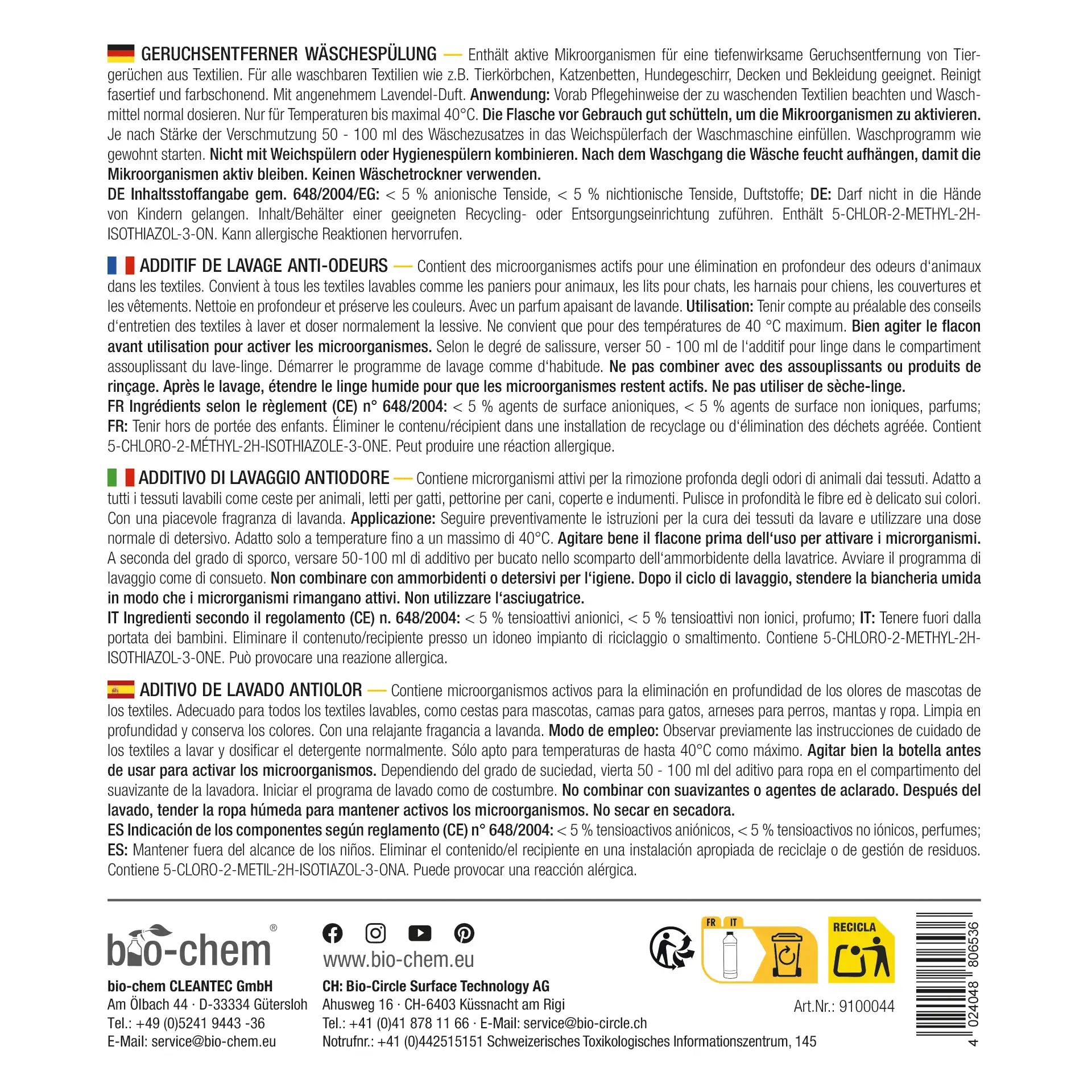 Rückseite der Flasche Bio-Chem Geruchsentferner Wäschespülung mit Inhaltsstoffen, Anwendungshinweisen in mehreren Sprachen und Herstellerangaben
