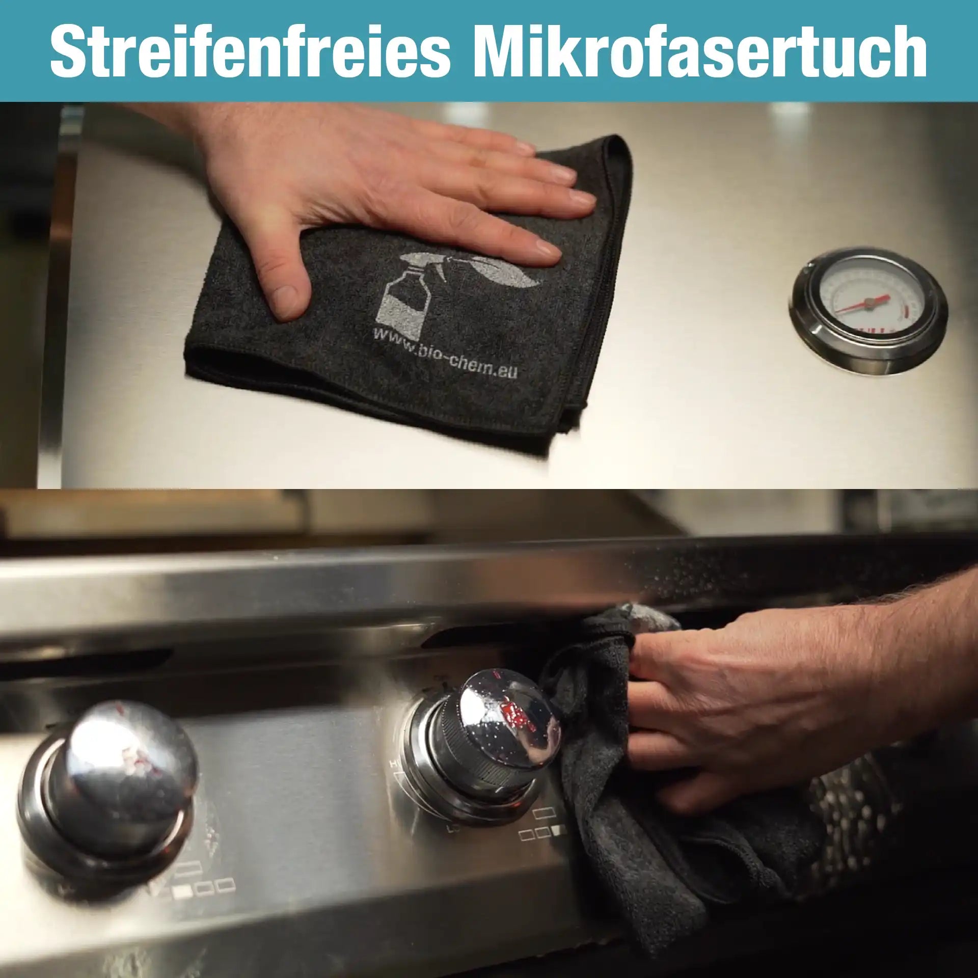 Zwei Anwendungen: Hände reinigen glänzende Grillflächen mit dem Tuch