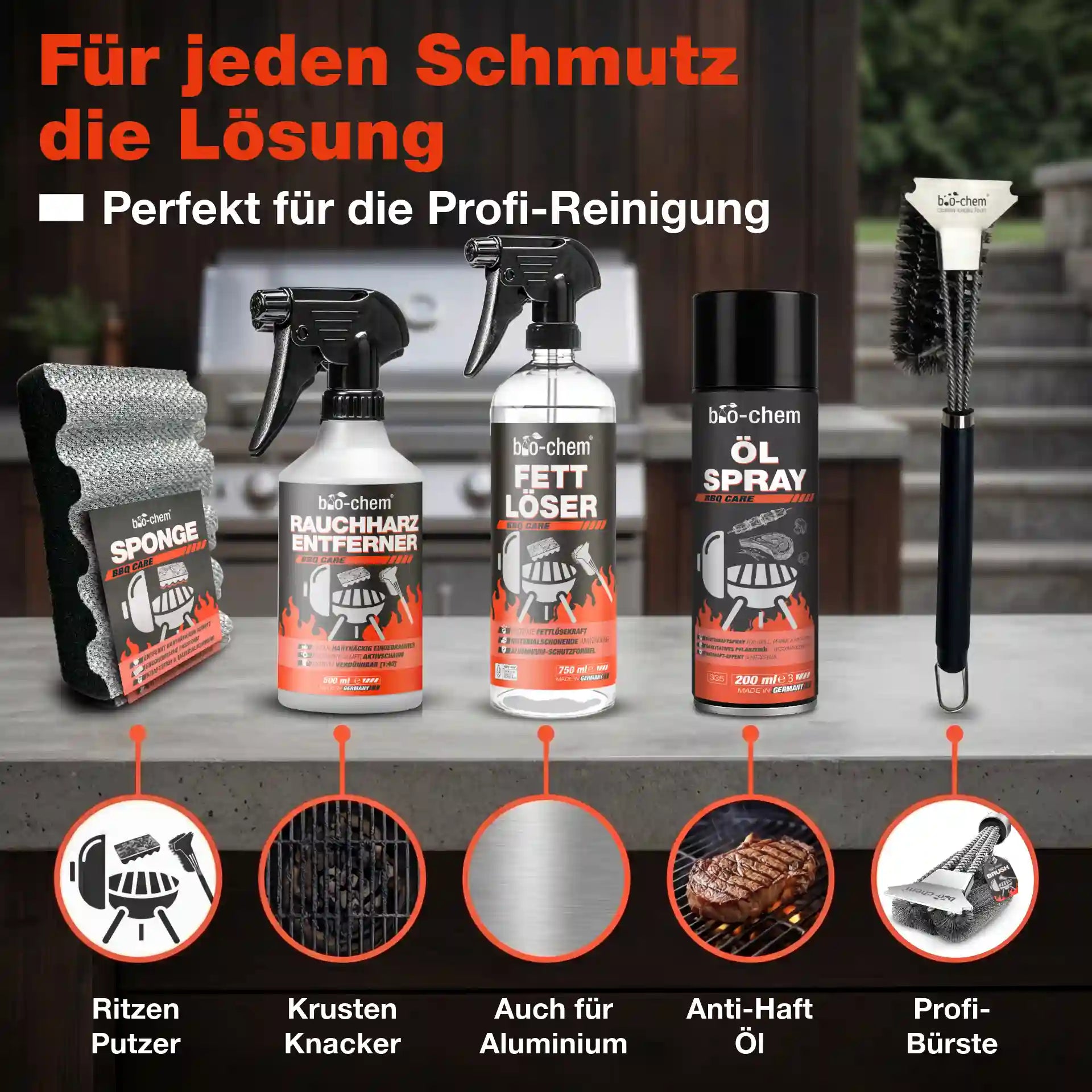 Grillreiniger Set für starke Verschmutzungen mit Fettlöser, Rauchharzentferner, Antihaft Öl und Grillbürste