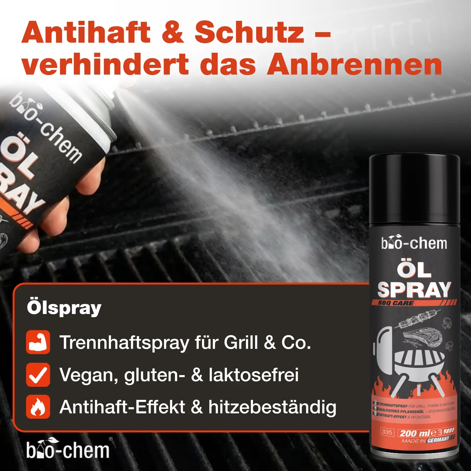 Grill Öl Spray Antihaft schützt Grillrost vor Anbrennen hitzebeständig vegan für BBQ und Backofen