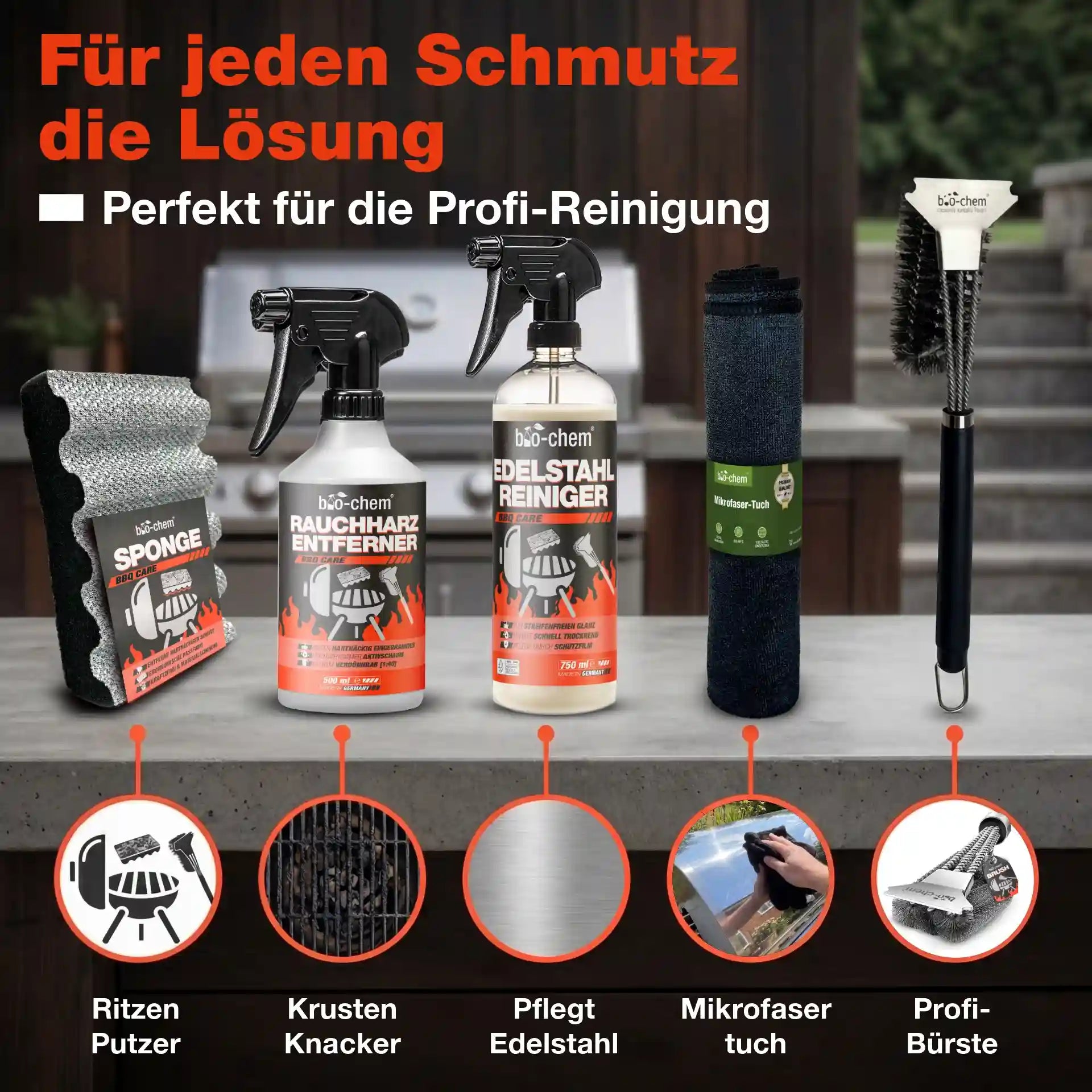 bio-chem BBQ Care Profi-Reinigungsset für Edelstahlpflege, Krustenknacker und Ritzenputzer – Die Lösung für jeden Grillschmutz.