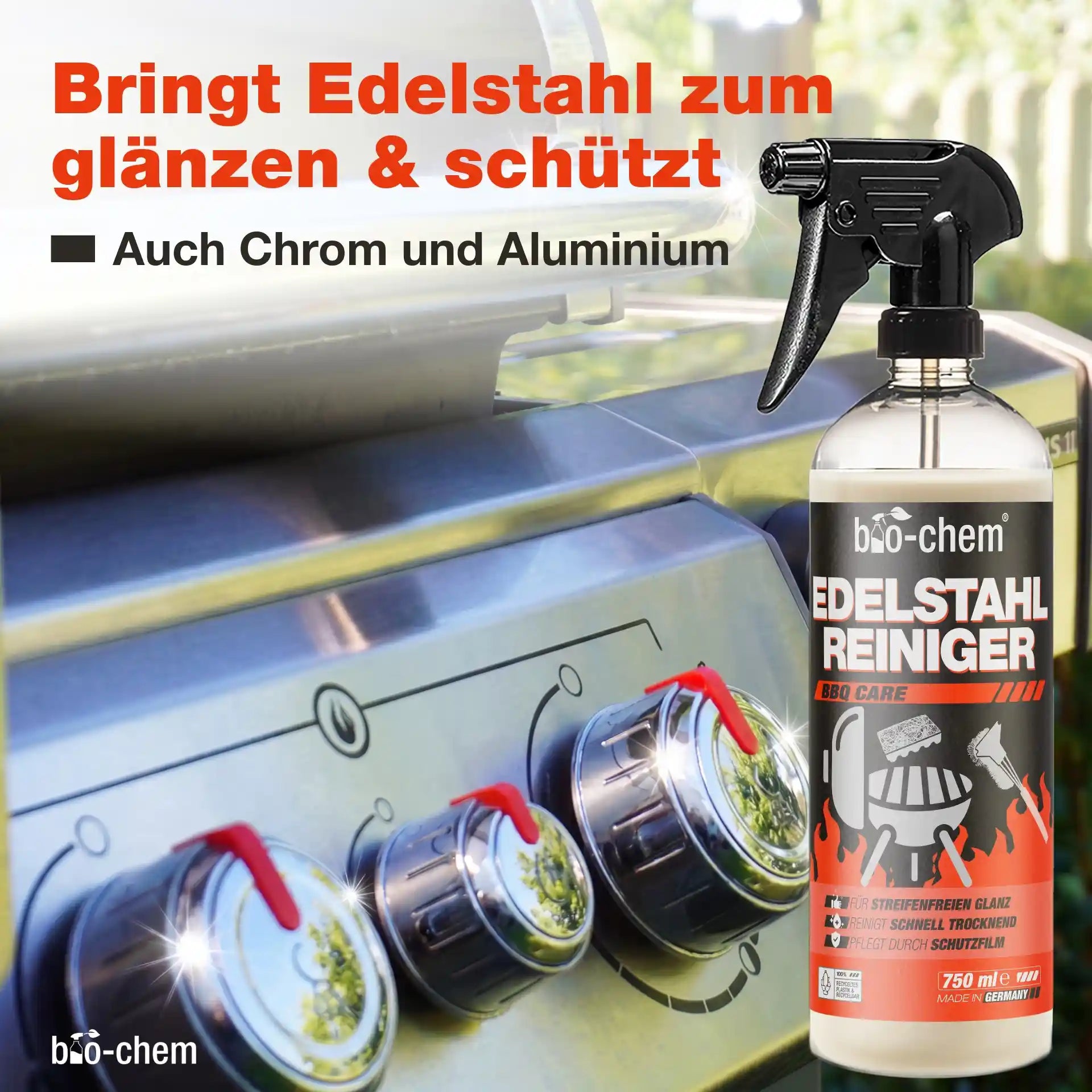 bio-chem Edelstahl-Reiniger für streifenfreien Glanz an Grillreglern – Schützt und pflegt Edelstahl, Chrom und Aluminium.