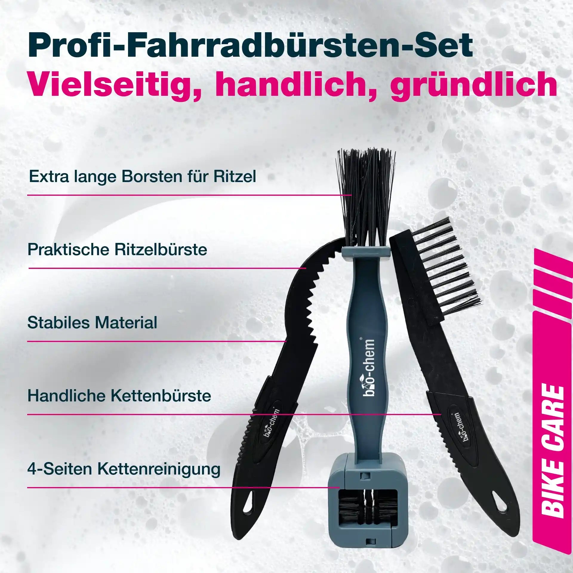 3-teiliges Profi-Fahrradbürsten-Set für gründliche Reinigung von Ritzel, Kette und schwer zugänglichen Stellen.