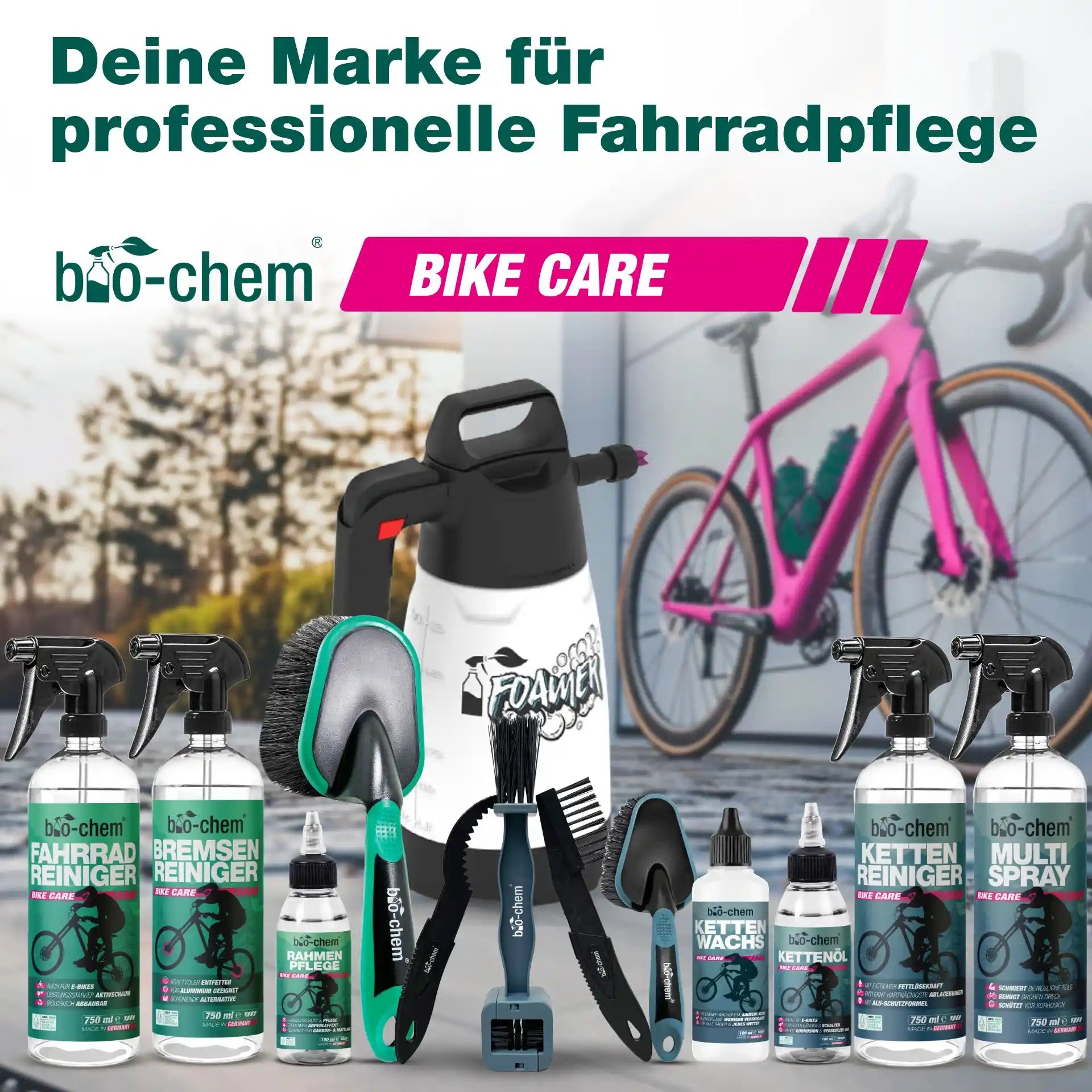 Professionelle Fahrradpflege-Marke bio-chem: Kettenreiniger, Wachs und Zubehör.