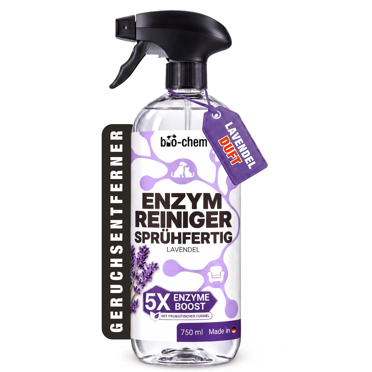 bio-chem Enzymreiniger Lavendel 750ml Sprühflasche – Geruchsentferner und Fleckenentferner mit 5X Enzyme Boost gegen Urin, Schweiß und Müll.
