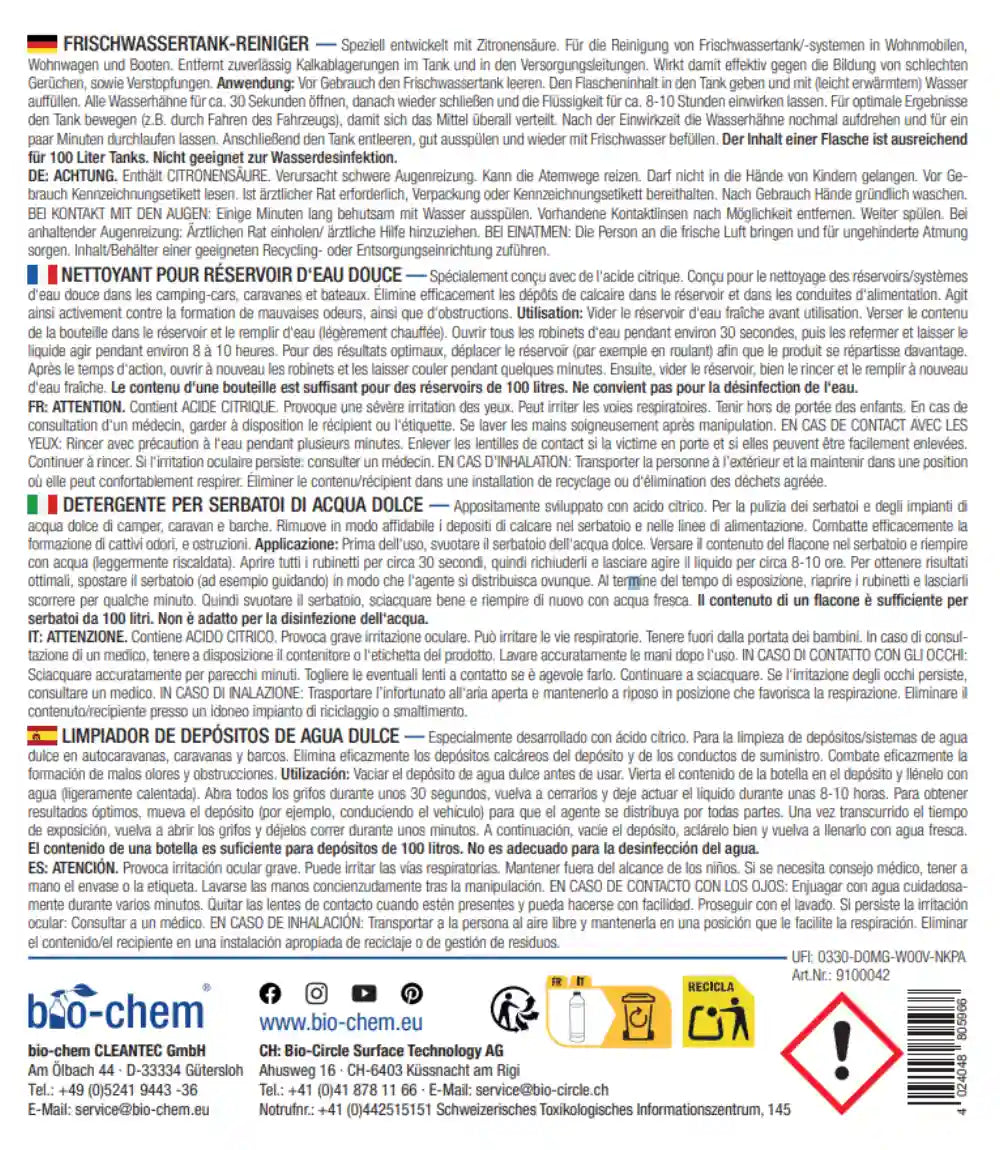 Produktdetails, Anwendungshinweise und Inhaltsstoffe des bio-chem Frischwassertank-Reinigers auf dem Rücketikett in vier Sprachen.
