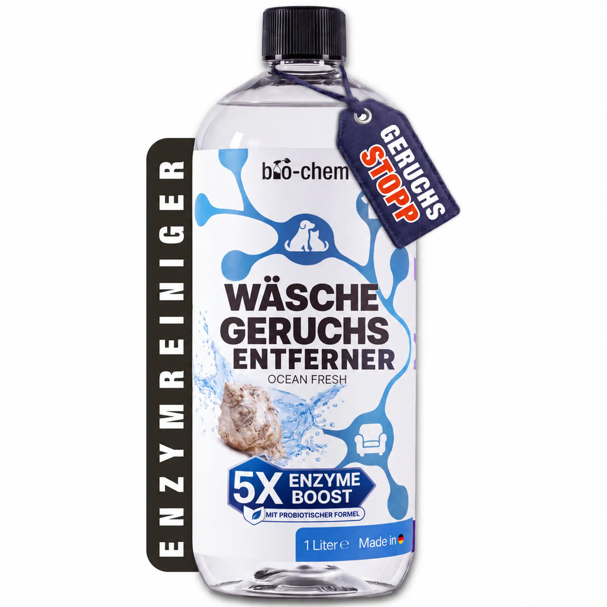 bio-chem Wäsche-Geruchsentferner Ocean Fresh 1 Liter mit 5X Enzyme Boost für probiotische Langzeitwirkung und langanhaltende Frische in der Wäsche.