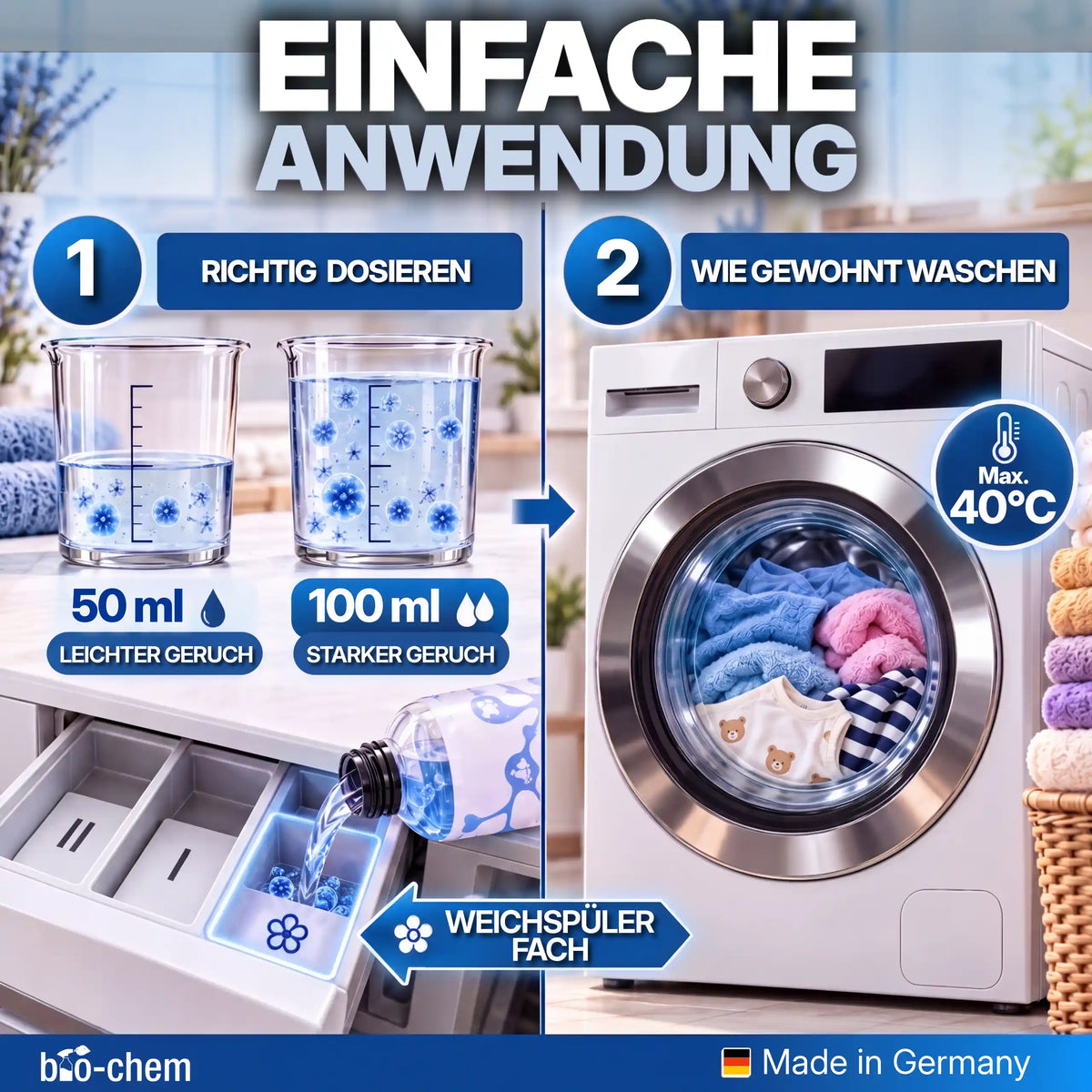 Einfache Dosierung der Wäschespülung: 50 ml bei leichtem Geruch für den Alltag, 100 ml bei starkem Gestank für maximale Wirkung.