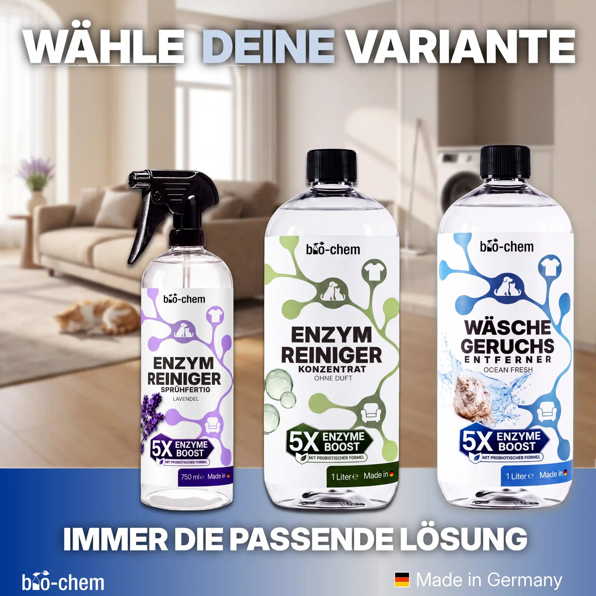 Produktvarianten der bio-chem Enzym- und Geruchsentferner-Serie für verschiedene Haushaltsbereiche.