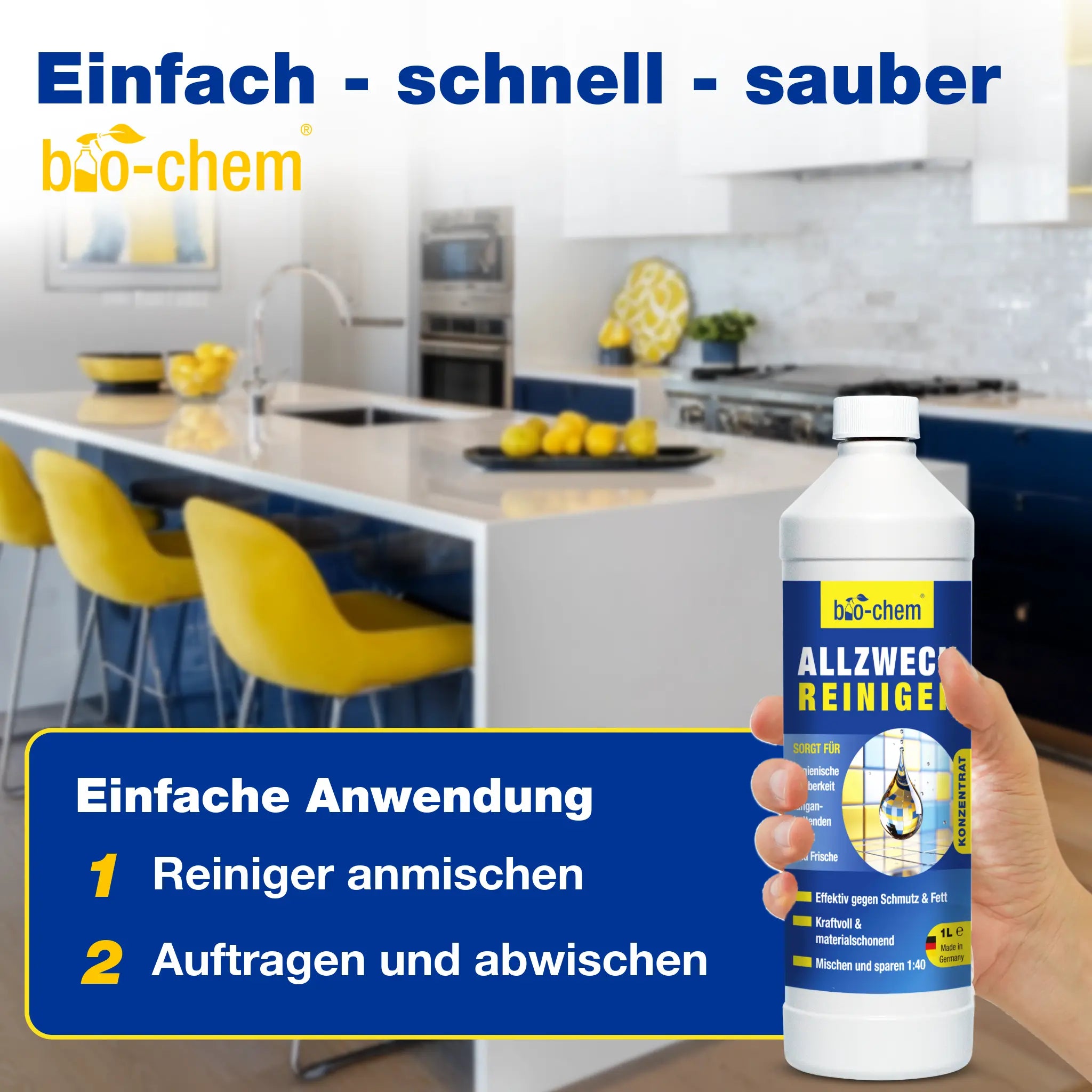 Allzweckreiniger von bio‑chem – einfach anzumischen, aufzutragen und abzuwischen, ideal für die Küche