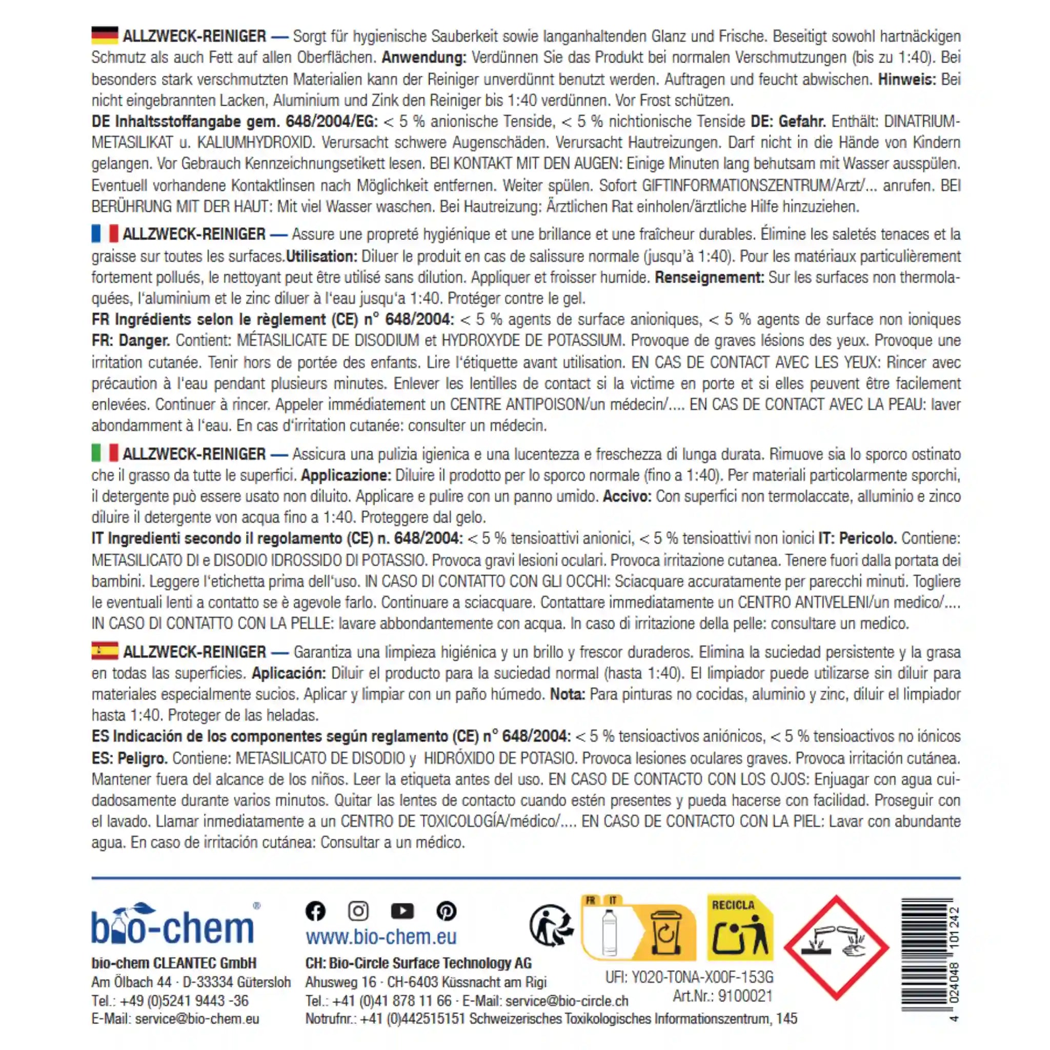 Etikett des Allzweckreinigers von bio‑chem mit Anwendungshinweisen, Inhaltsstoffen und Sicherheitsinformationen