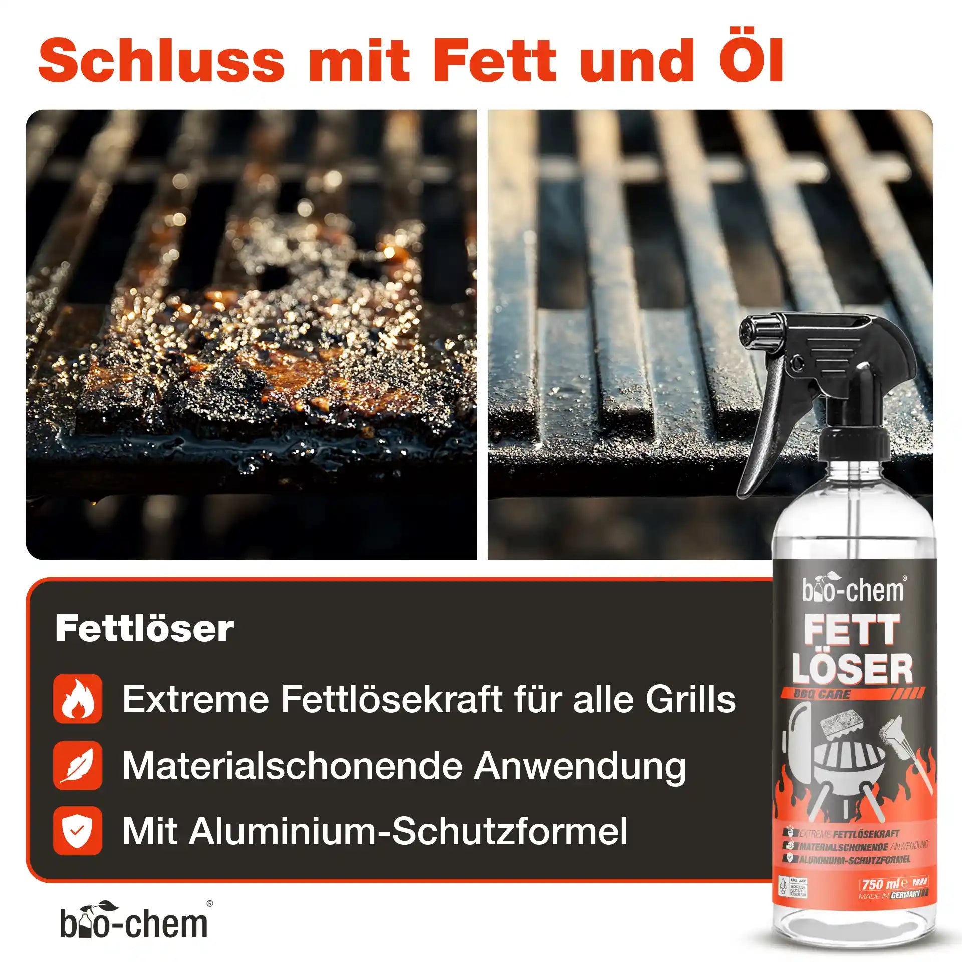 Vorher-Nachher-Effekt am Grillrost mit bio-chem Fettlöser – kraftvolle Reinigung von Fett und Öl