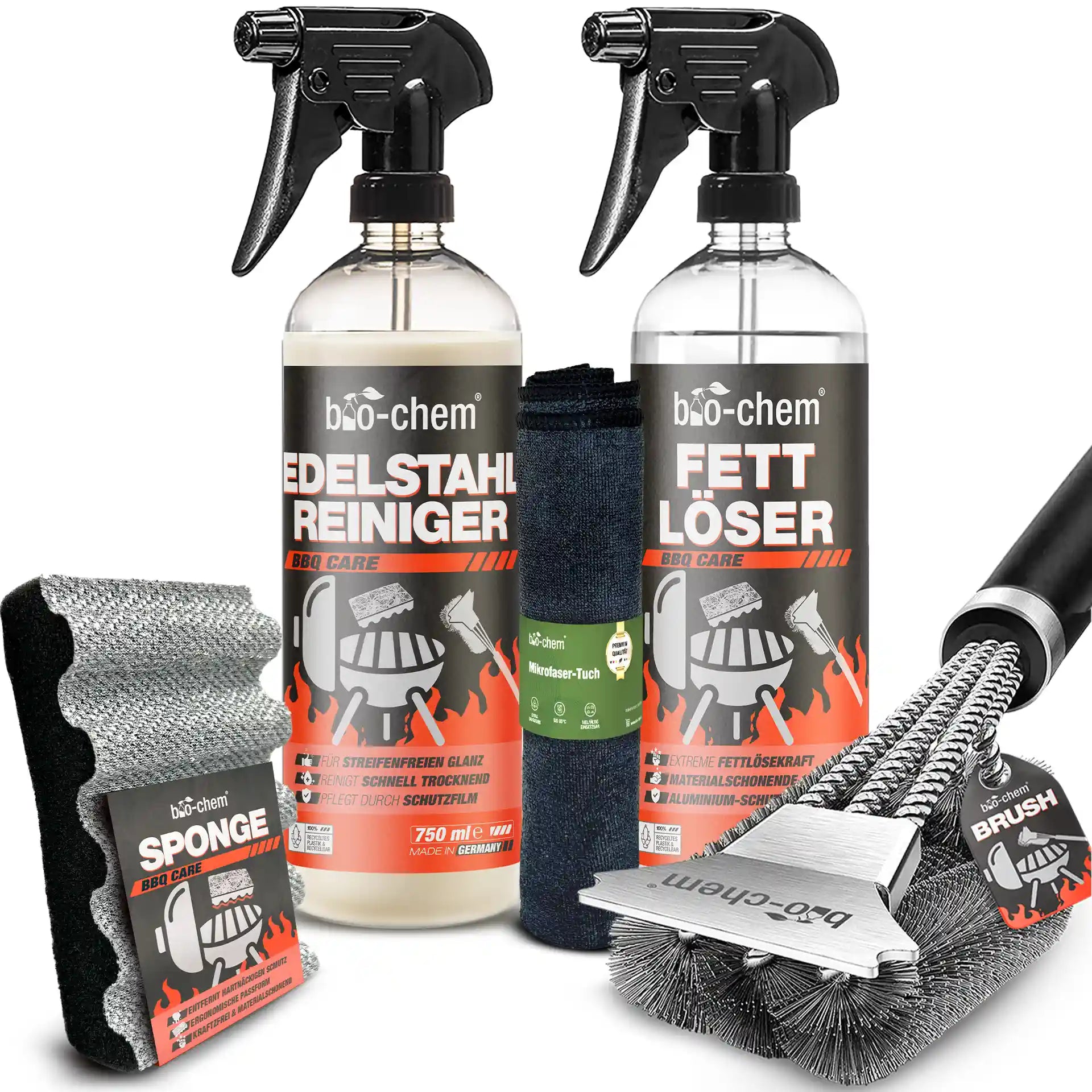 bio-chem BBQ CARE Reinigungsset mit Fettlöser, Edelstahlreiniger, Grillbürste, Schwamm und Mikrofasertuch auf Holzuntergrund