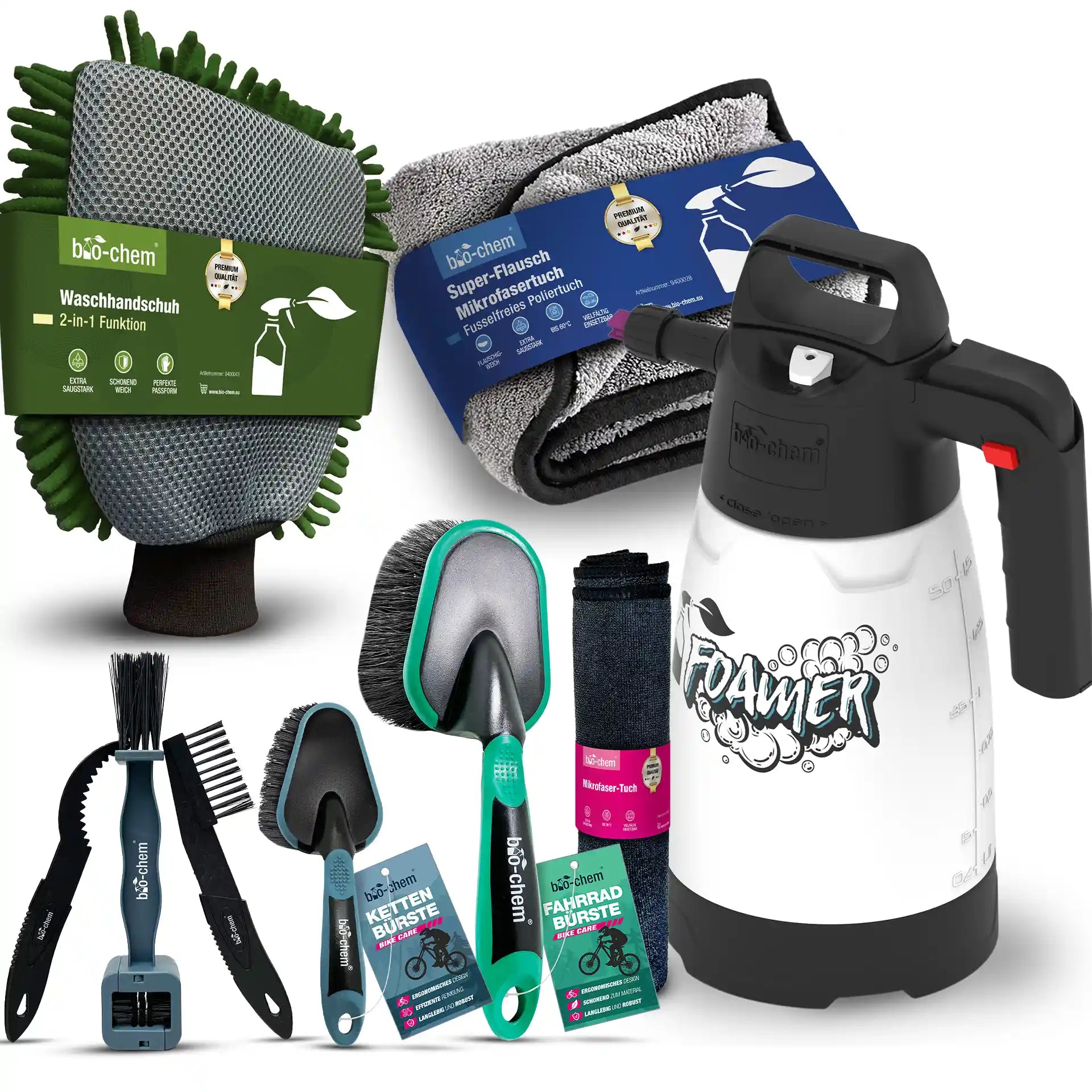 Fahrradpflege Zubehoer Set Tücher, Bürsten, Schaumsprüher