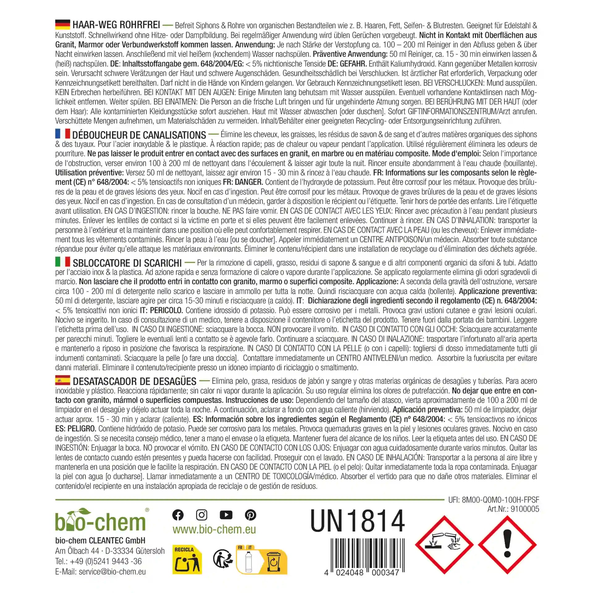 Etikett mit Gebrauchsanweisung, Warnhinweisen und Inhaltsstoffen auf Rückseite der Flasche