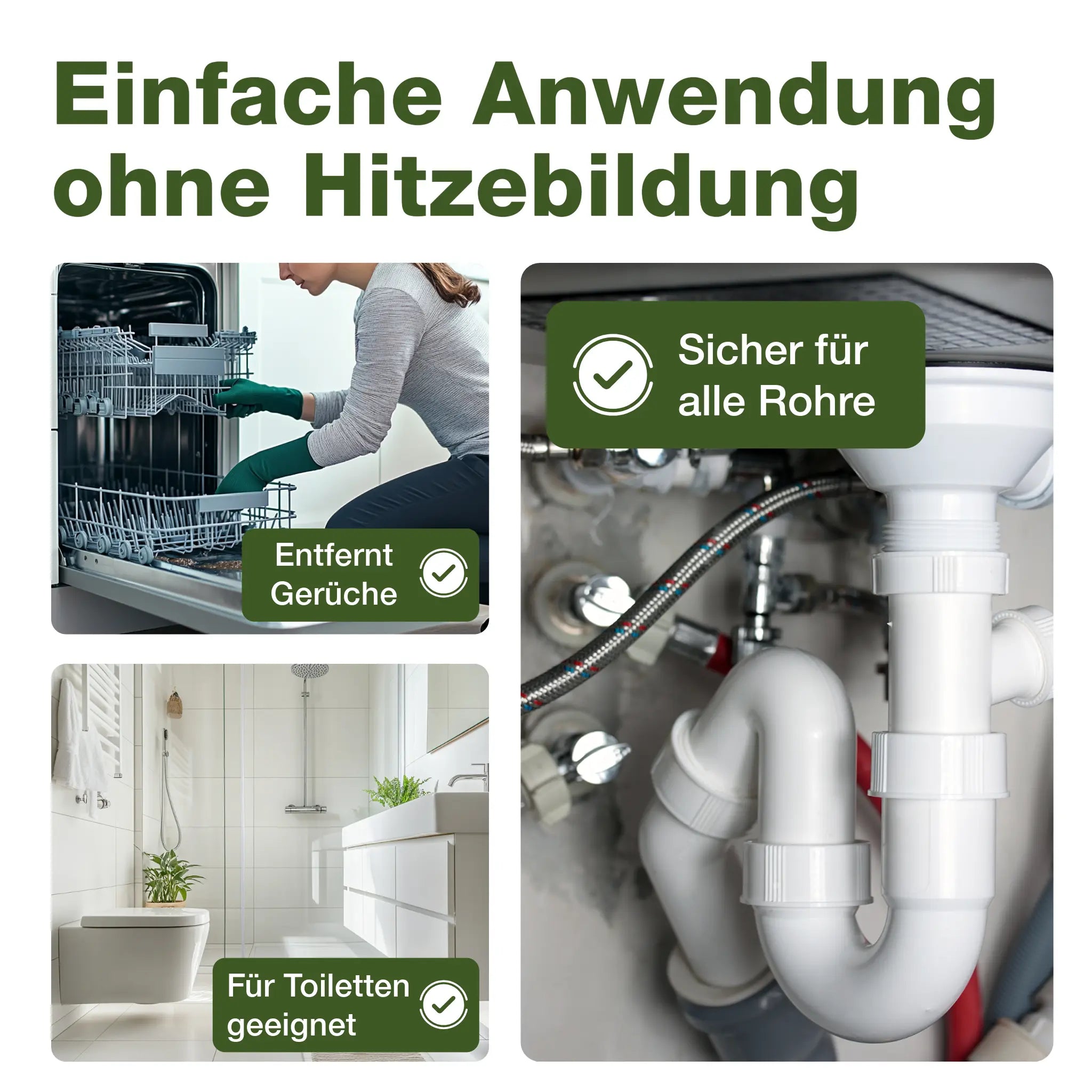 Collage mit Anwendungsbeispielen in Küche, Bad und unter dem Spülbecken