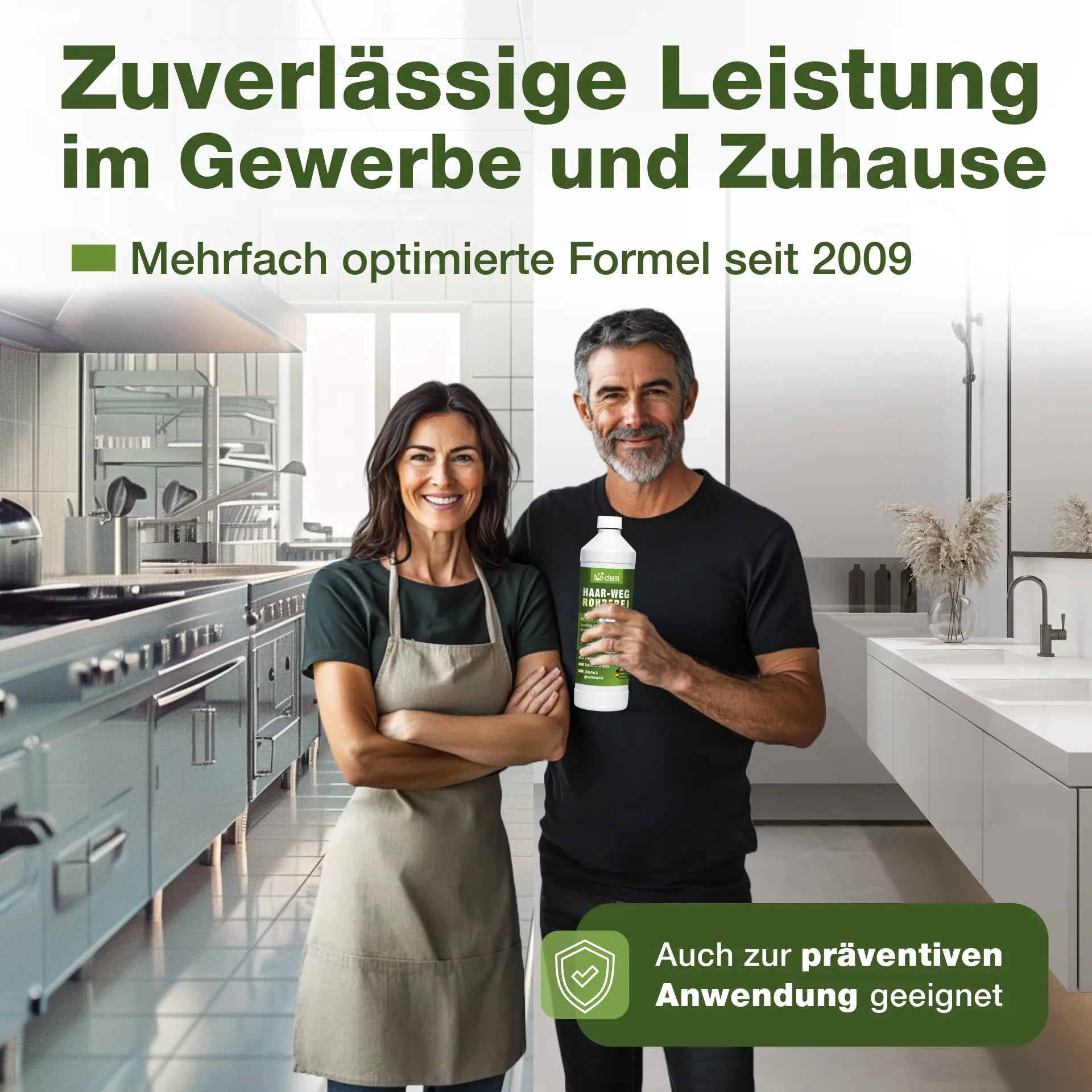 Zwei Personen mit Produktflasche in moderner Küche und Badumgebung – geeignet für professionelle und private Nutzung