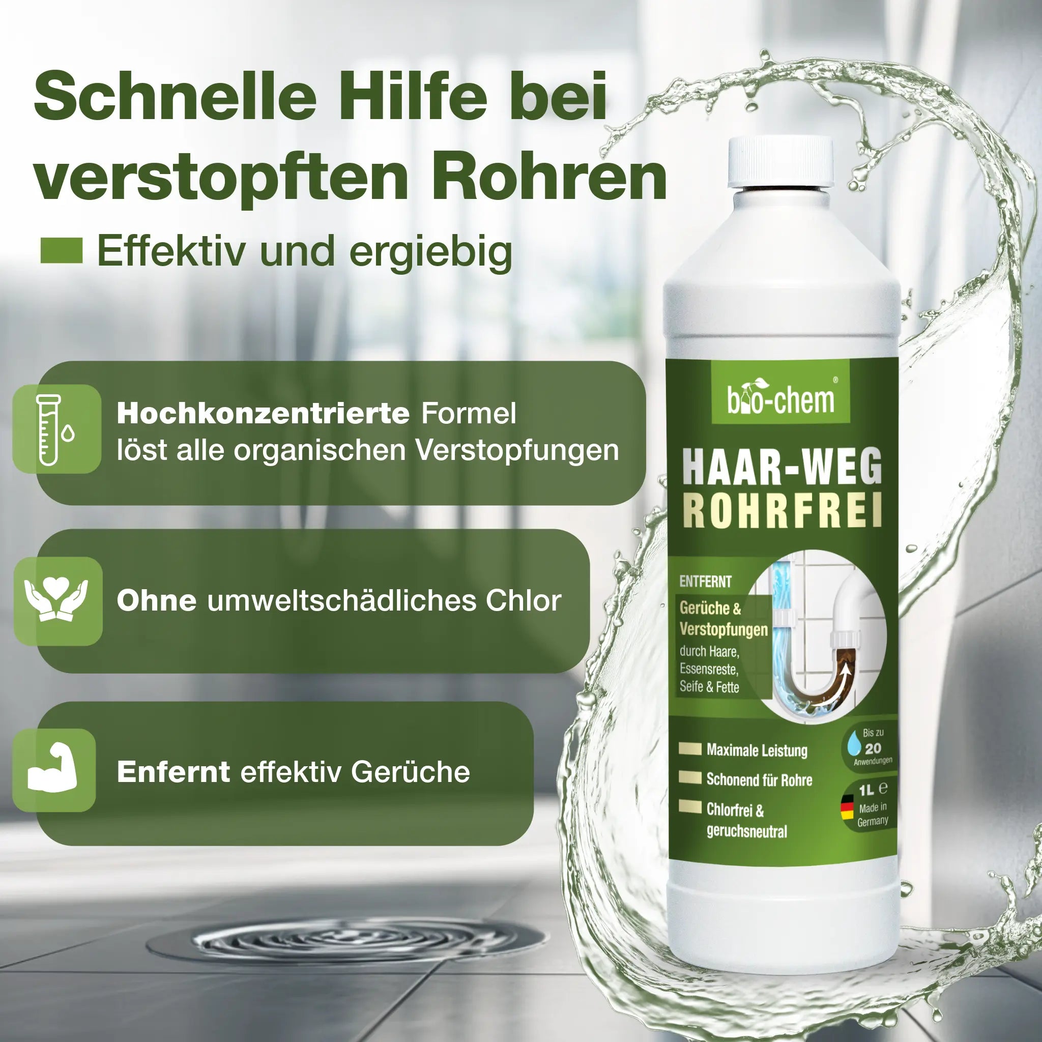 Infografik zur Wirkung des Rohrreinigers mit Produktflasche und Text über effektive, chlorfreie Reinigung