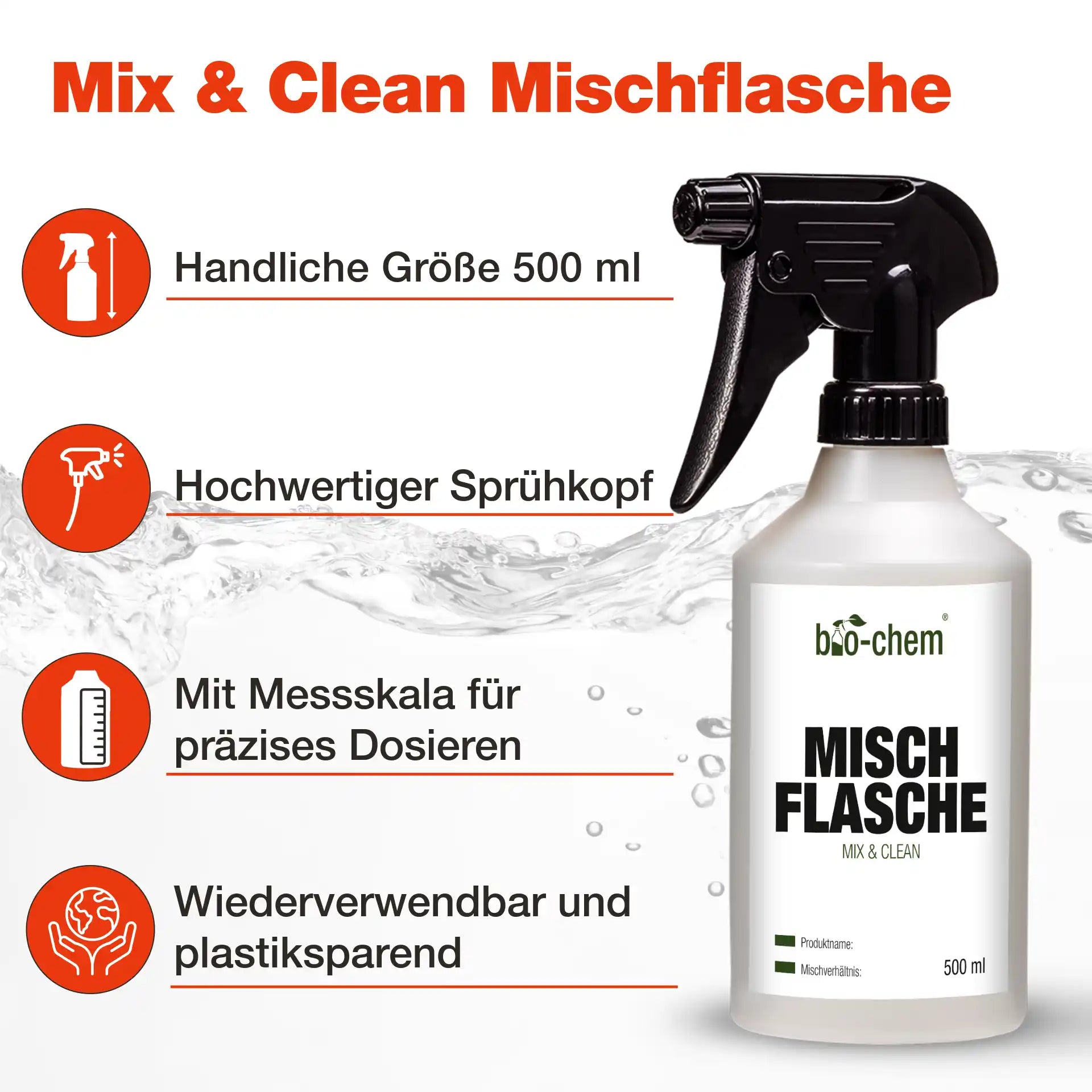 Wiederverwendbare 500 ml Mischflasche von bio-chem mit hochwertigem Sprühkopf, Messskala und Umweltvorteilen