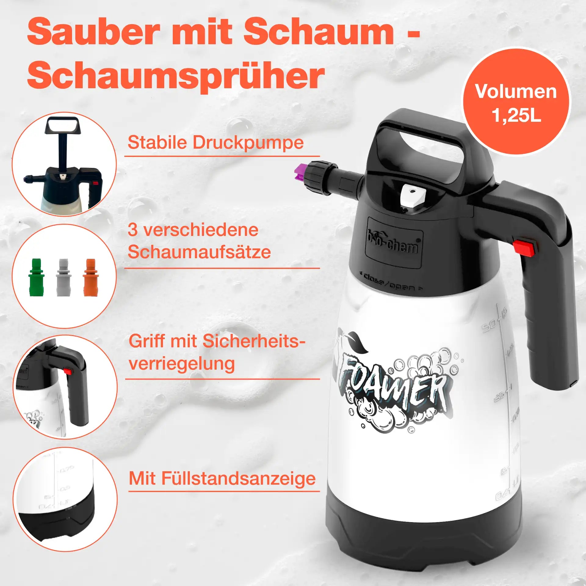 Vorteile des Schaumsprühers. Stabile Druckpumpe, 3 verschiedene Schaumaufsätze.