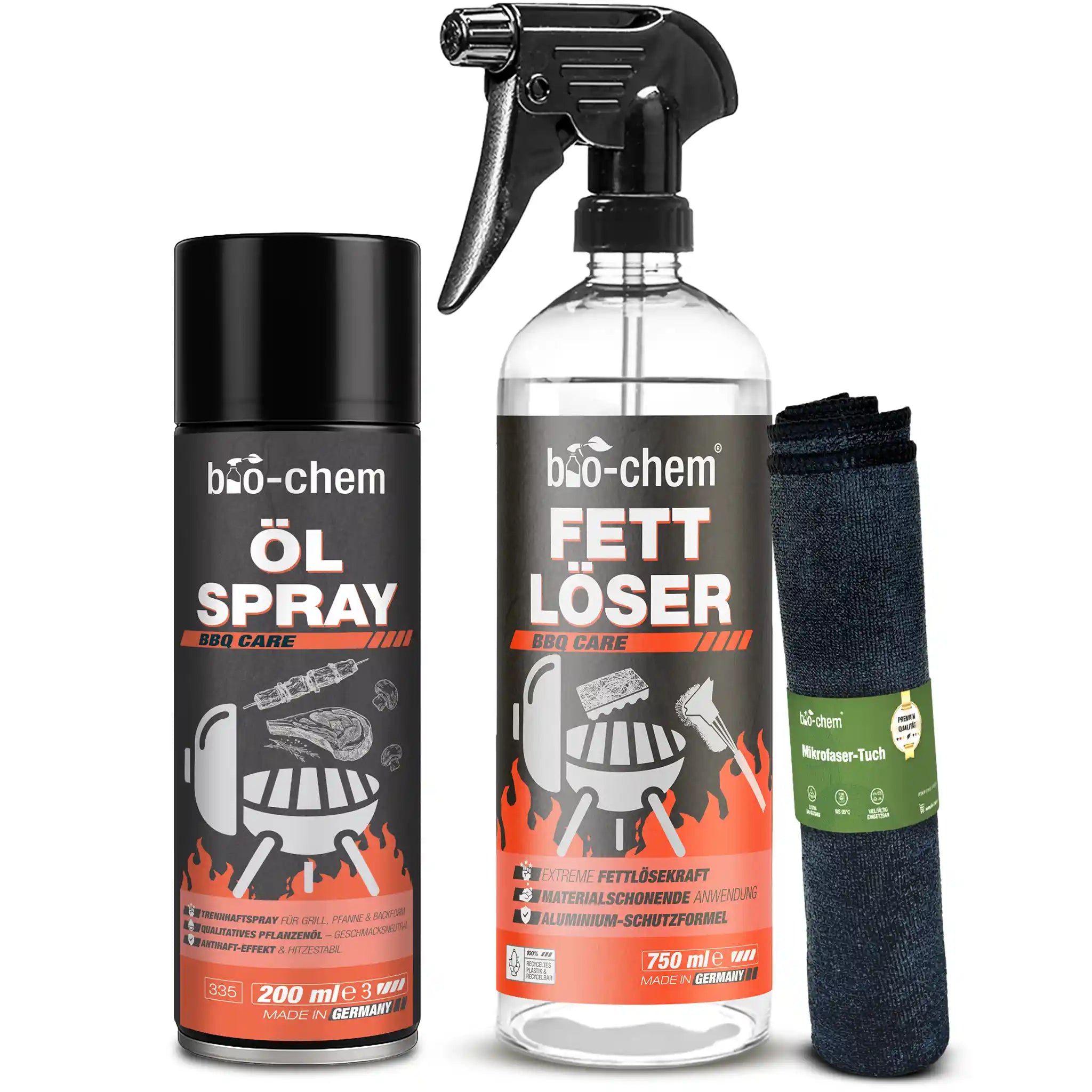 bio-chem BBQ Care Grillreinigung Basic-Set bestehend aus 750ml Fettlöser, 200ml Ölspray und einem Mikrofasertuch.
