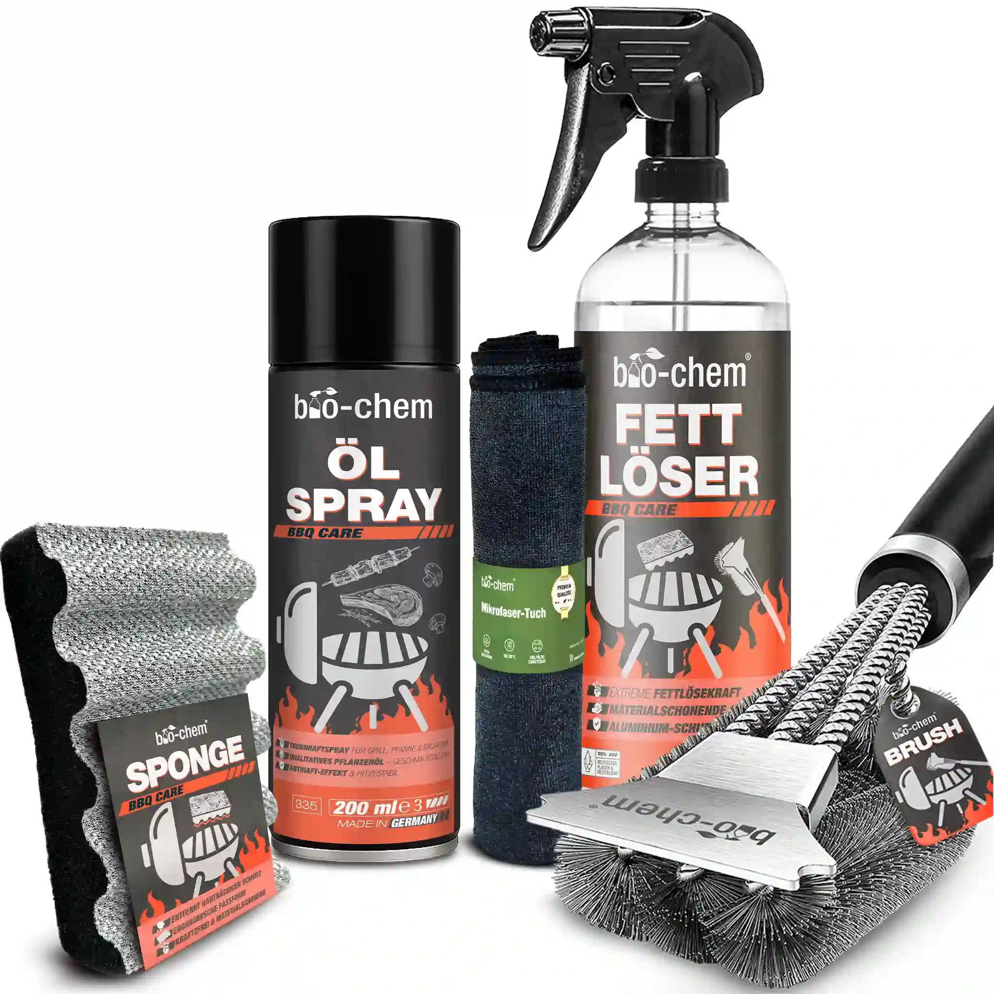 bio-chem BBQ Care Profi-Set 5-teilig: Grillreiniger Fettlöser, Ölspray, Edelstahl-Grillbürste, Schwamm und Mikrofasertuch.