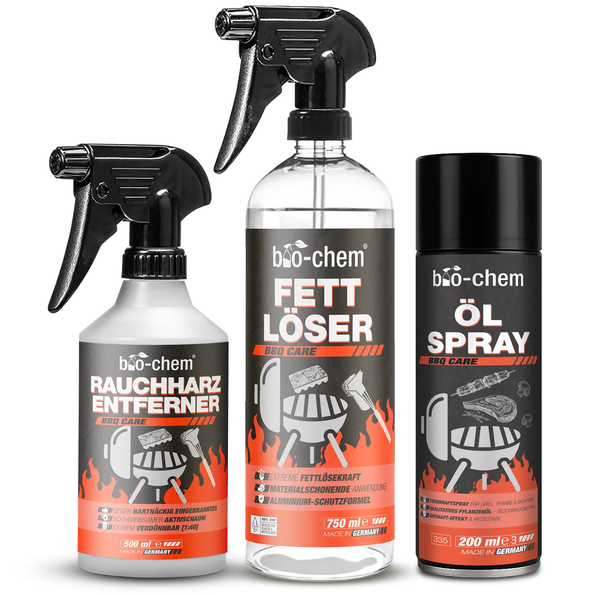 Drei bio-chem BBQ-Reinigungsprodukte bestehend aus Fettlöser 750 ml, Rauchharz-Entferner 500 ml und Ölspray 200 ml vor hellem Hintergrund