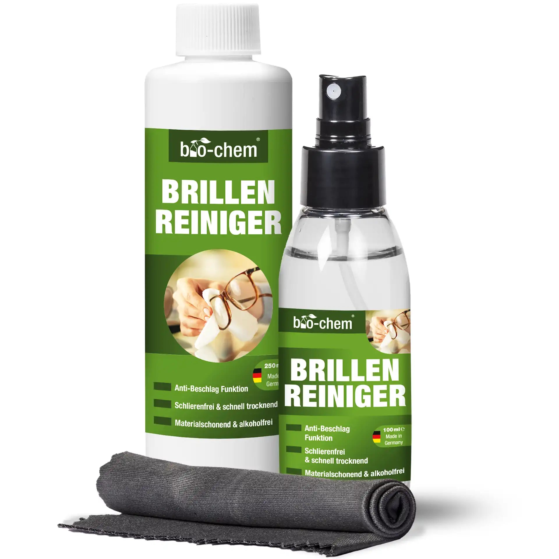 Bio-Chem Brillenreiniger Set mit 250 ml und 100 ml Flasche sowie Mikrofasertuch – Anti-Beschlag, streifenfrei, alkoholfrei