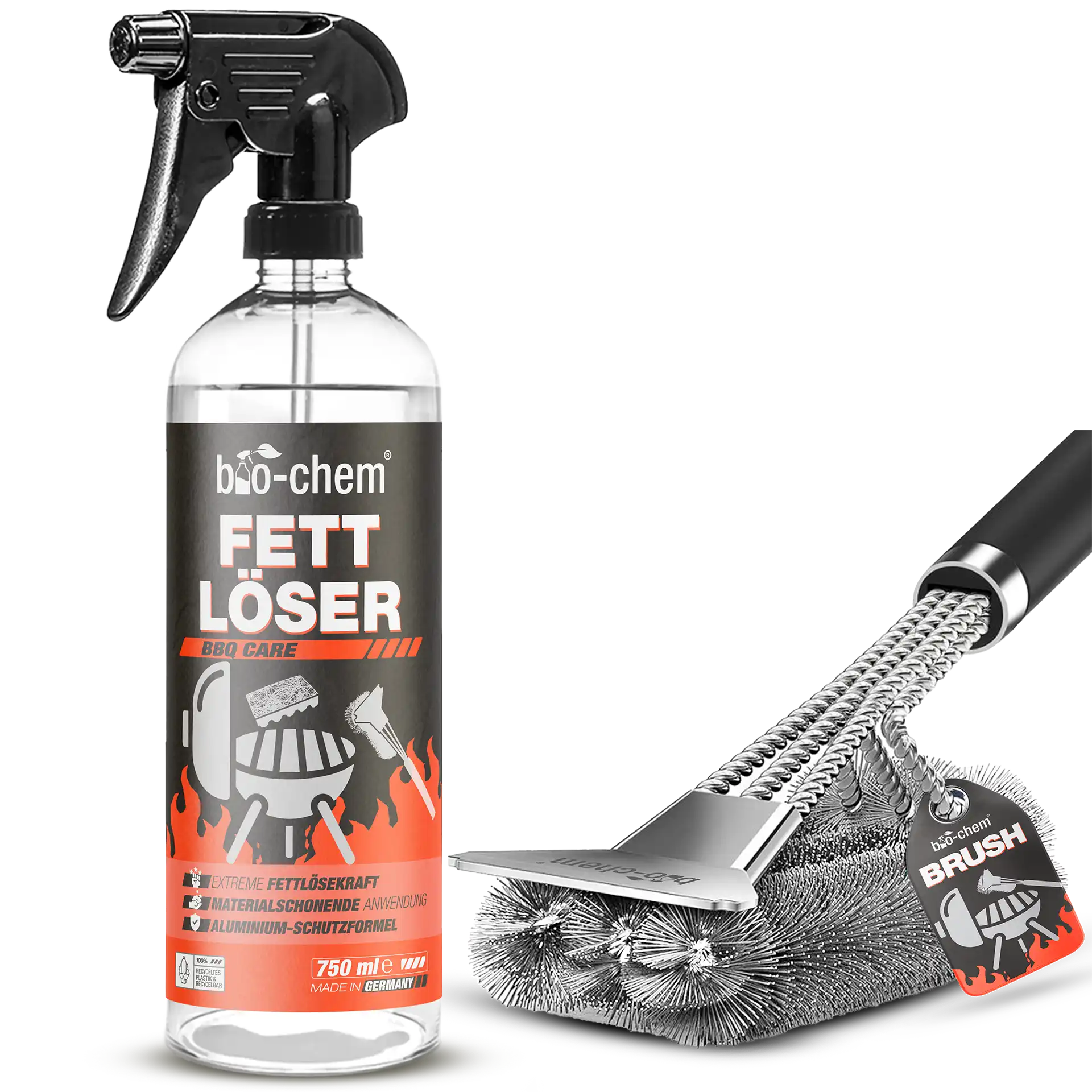 Sprayflasche bio-chem Fettlöser und robuste Grillbürste aus Edelstahl mit Schaber – Reinigungsset für Grill &amp; BBQ
