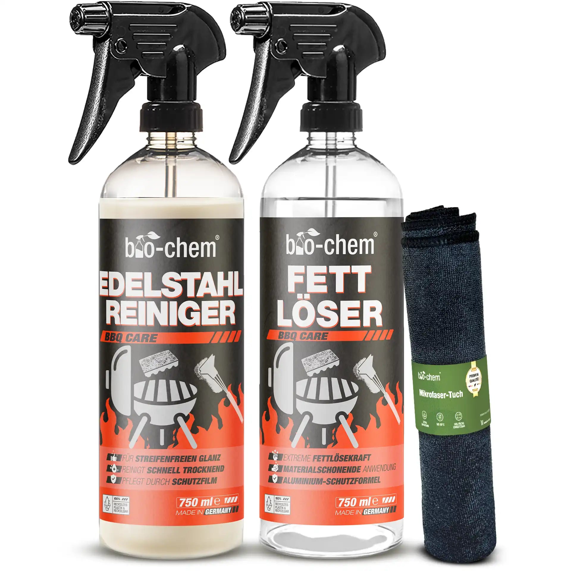 Profi-Reinigungsset mit Fettlöser, Edelstahlreiniger &amp; Mikrofasertuch von bio‑chem