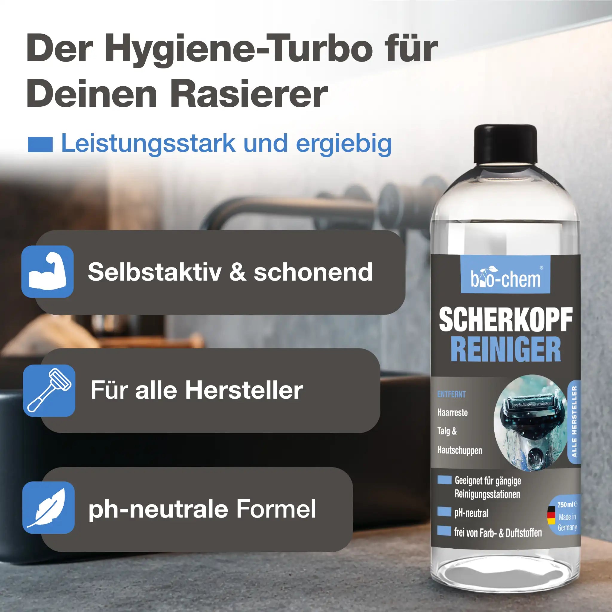 Scherkopfreiniger für Rasierer – selbstaktiv, pH-neutral und sanft zur Haut – Artikel 9100004