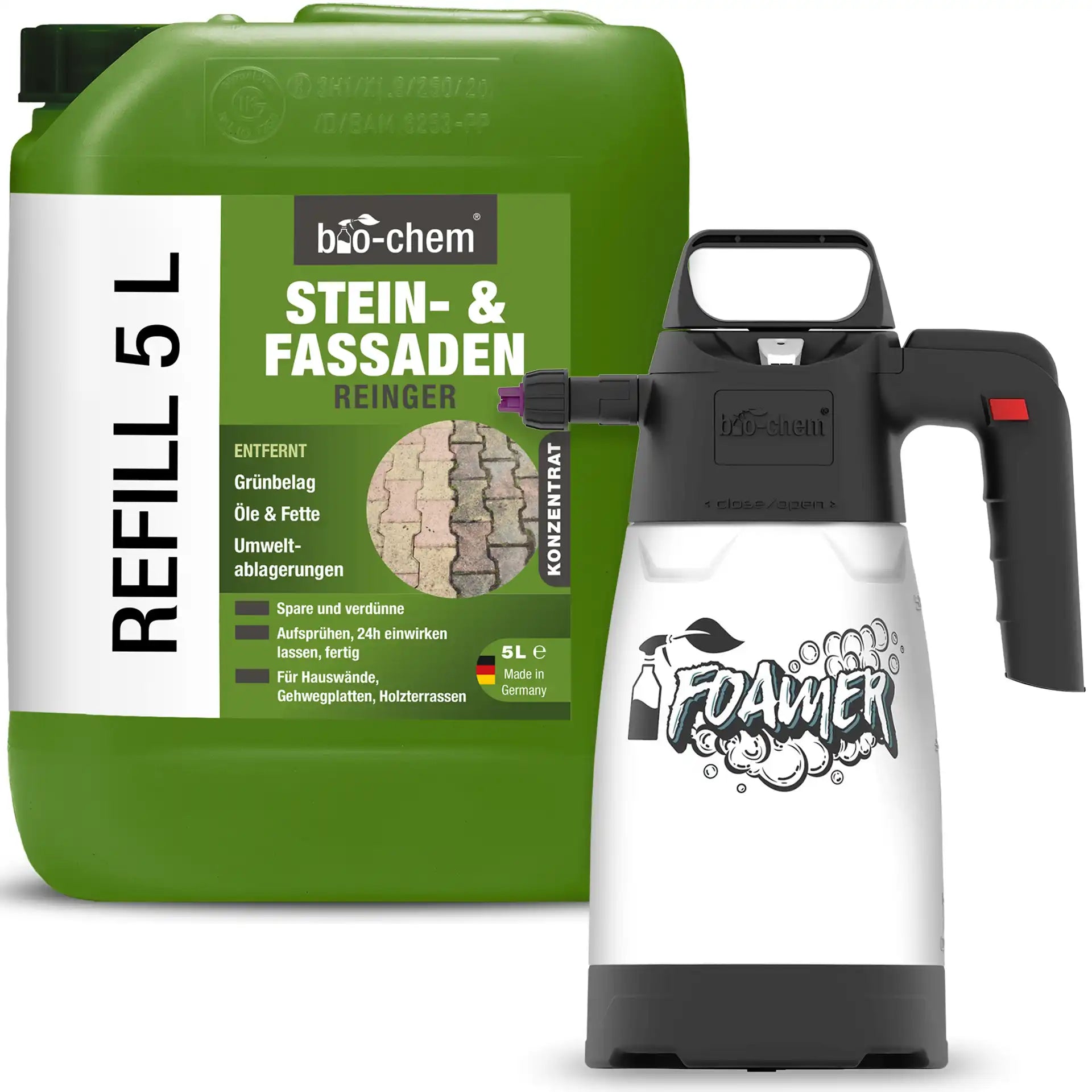 Bio-Chem Stein- und Fassadenreiniger 5 Liter mit Foamer – entfernt Grünbelag, Öle und Fette, für Hauswände, Terrassen, Gehwege und Holzflächen