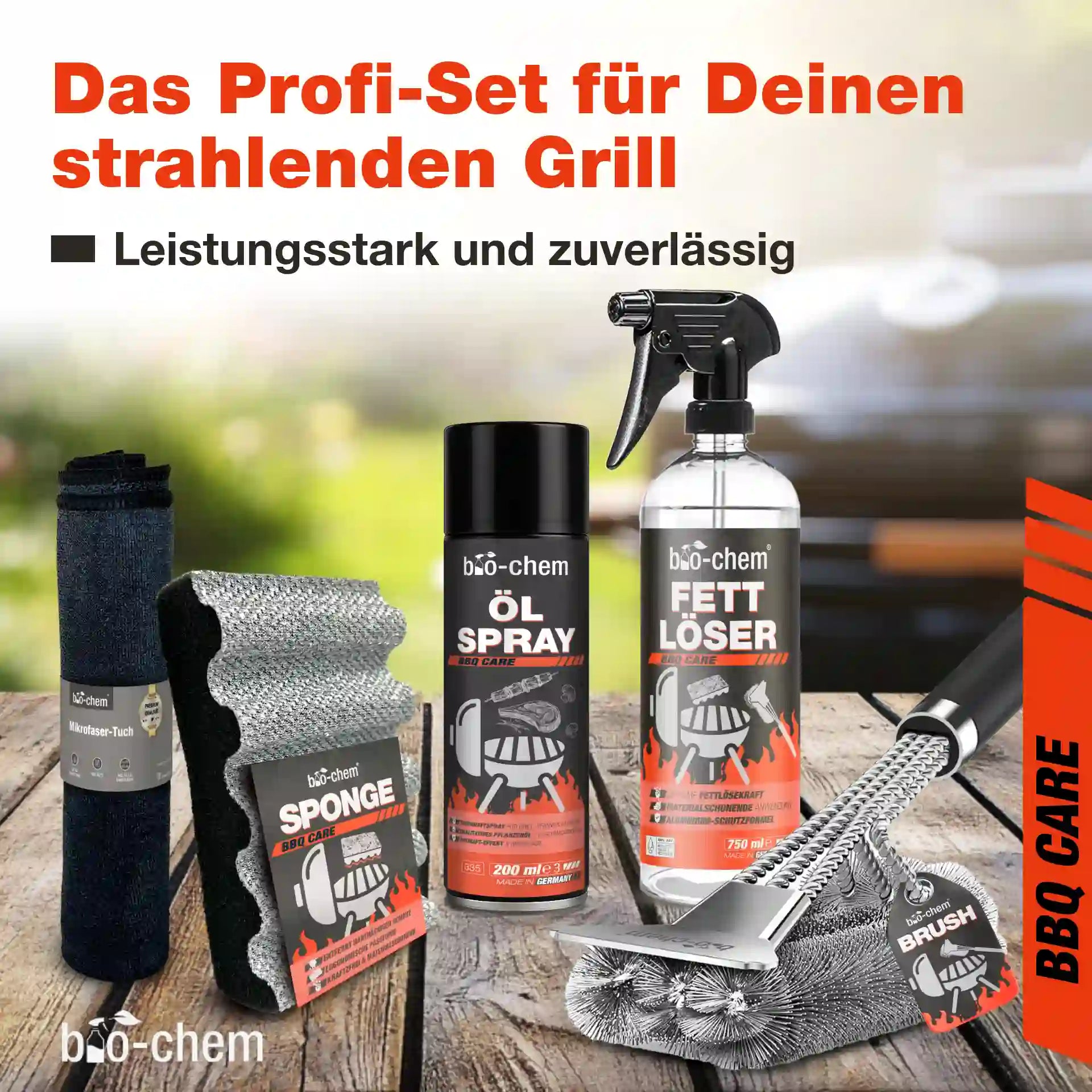 Das bio-chem BBQ Profi-Set für die Grillpflege – leistungsstarkes Reinigungsset für strahlend saubere Grills.