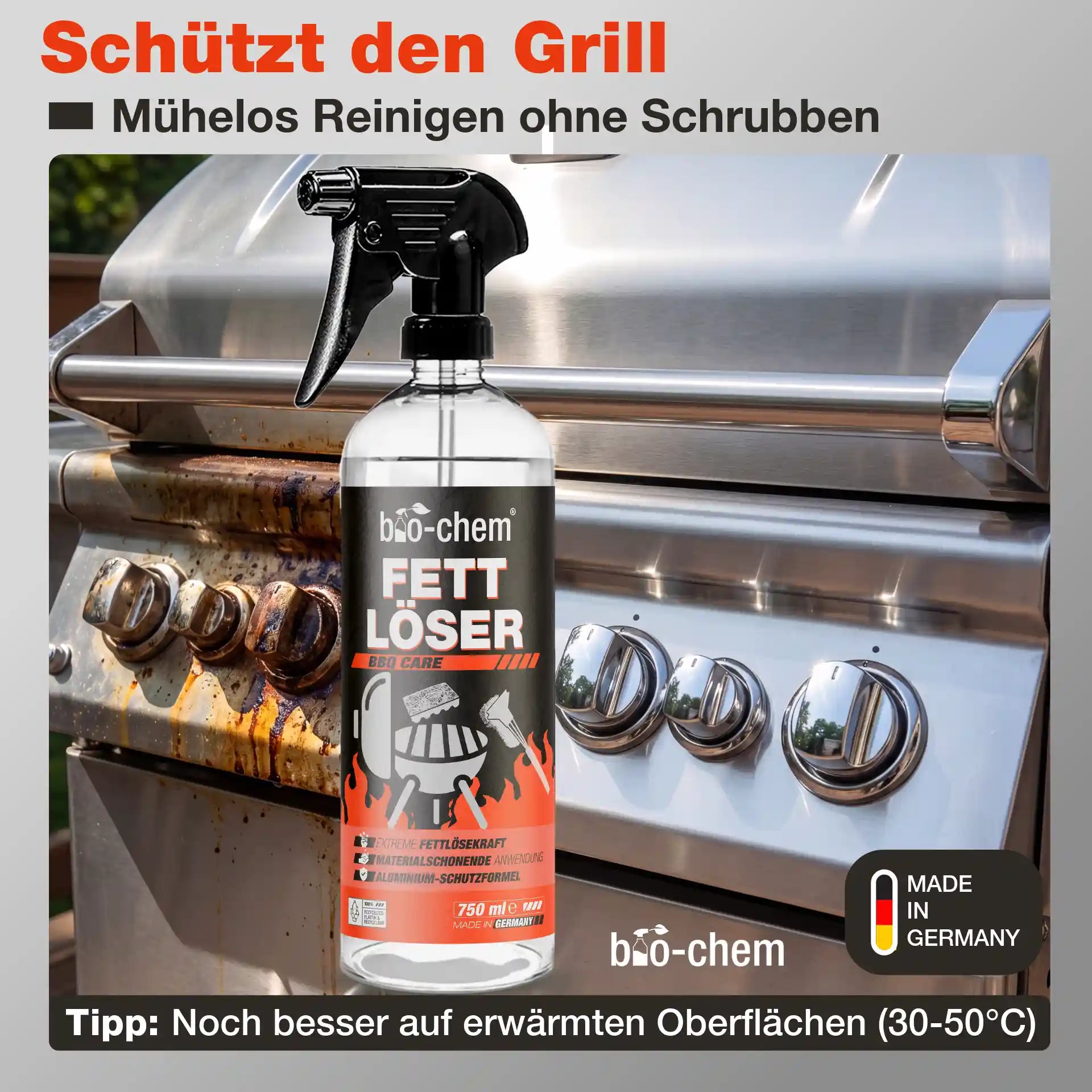 bio-chem Fettlöser Grillreiniger im Vorher-Nachher Vergleich an einem verschmutzten Edelstahl-Gasgrill.