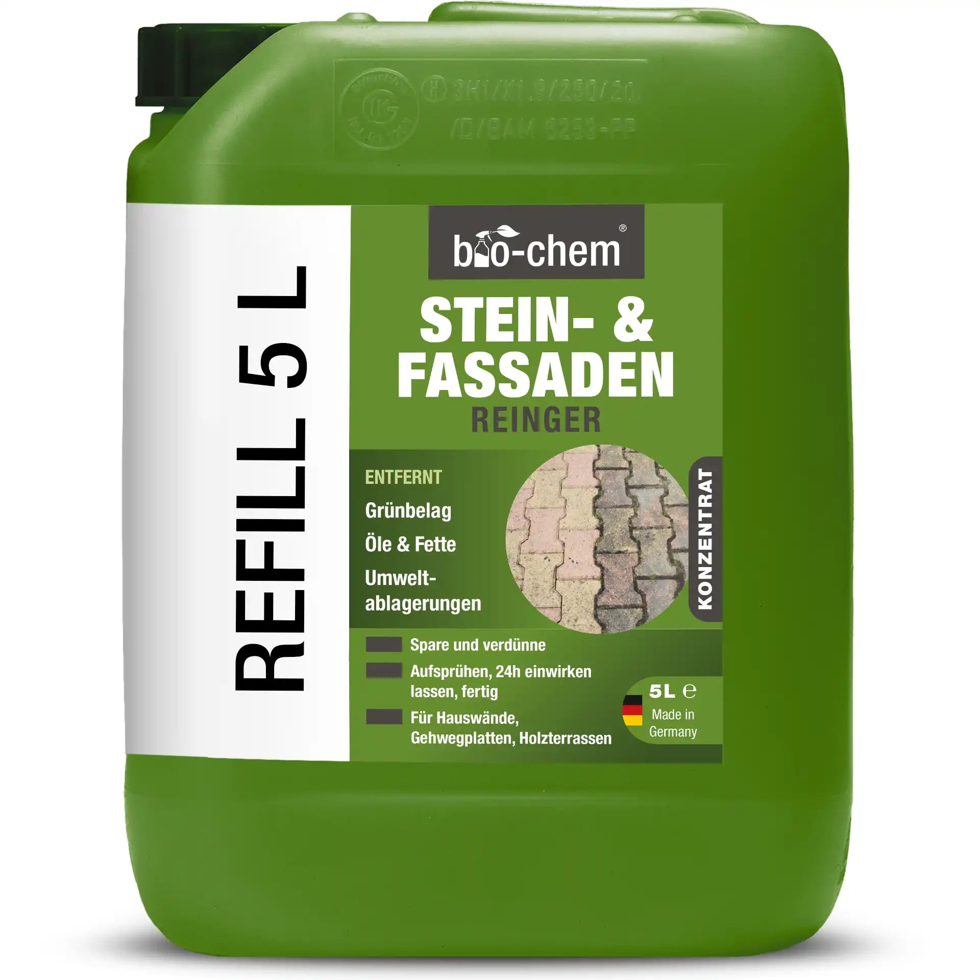 Bio-Chem Stein- und Fassadenreiniger 5 Liter Kanister – starkes Konzentrat gegen Grünbelag, Öle, Fette und Umweltablagerungen
