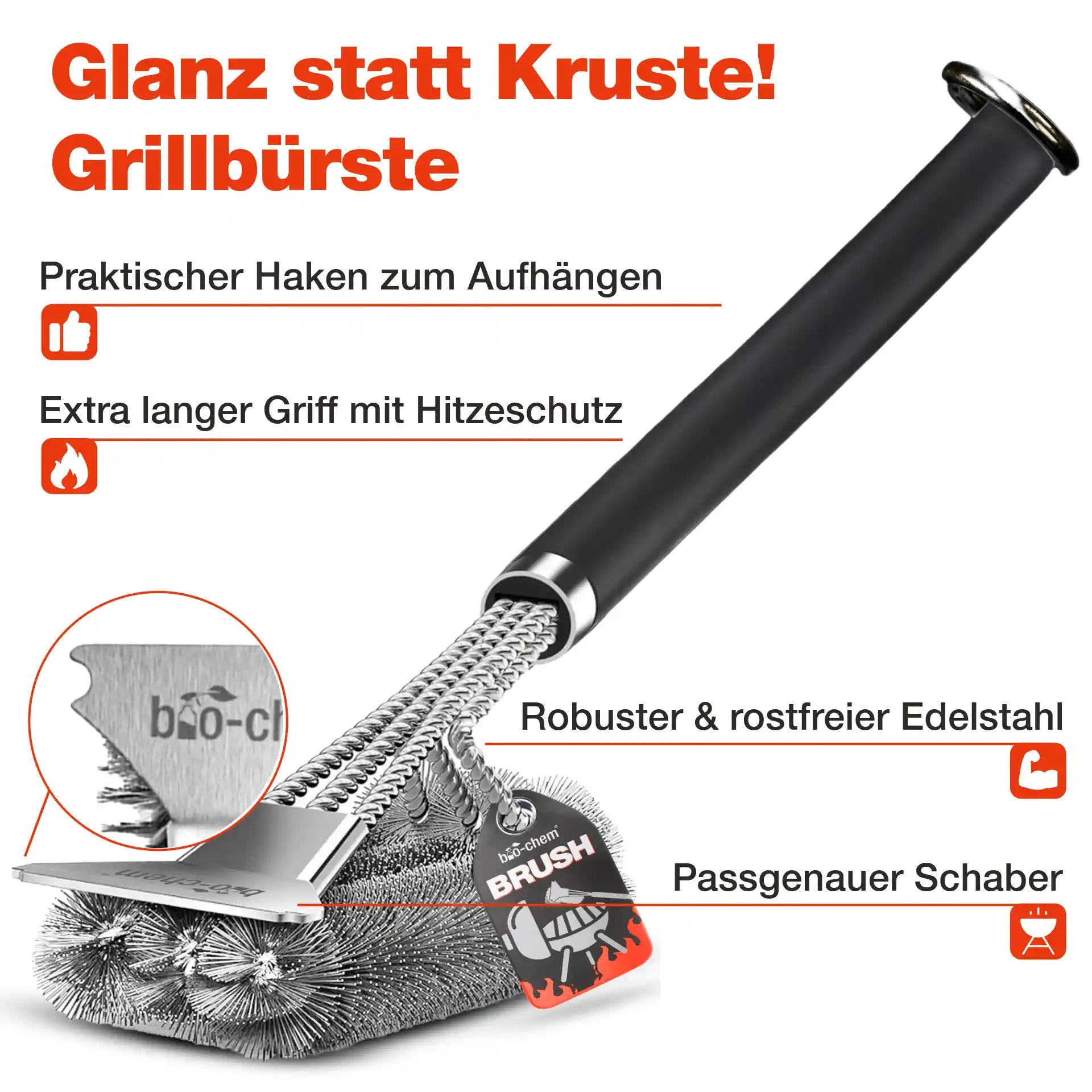bio-chem Edelstahl-Grillbürste mit langem Hitzeschutz-Griff, integriertem Schaber und praktischem Aufhängeschlaufe.