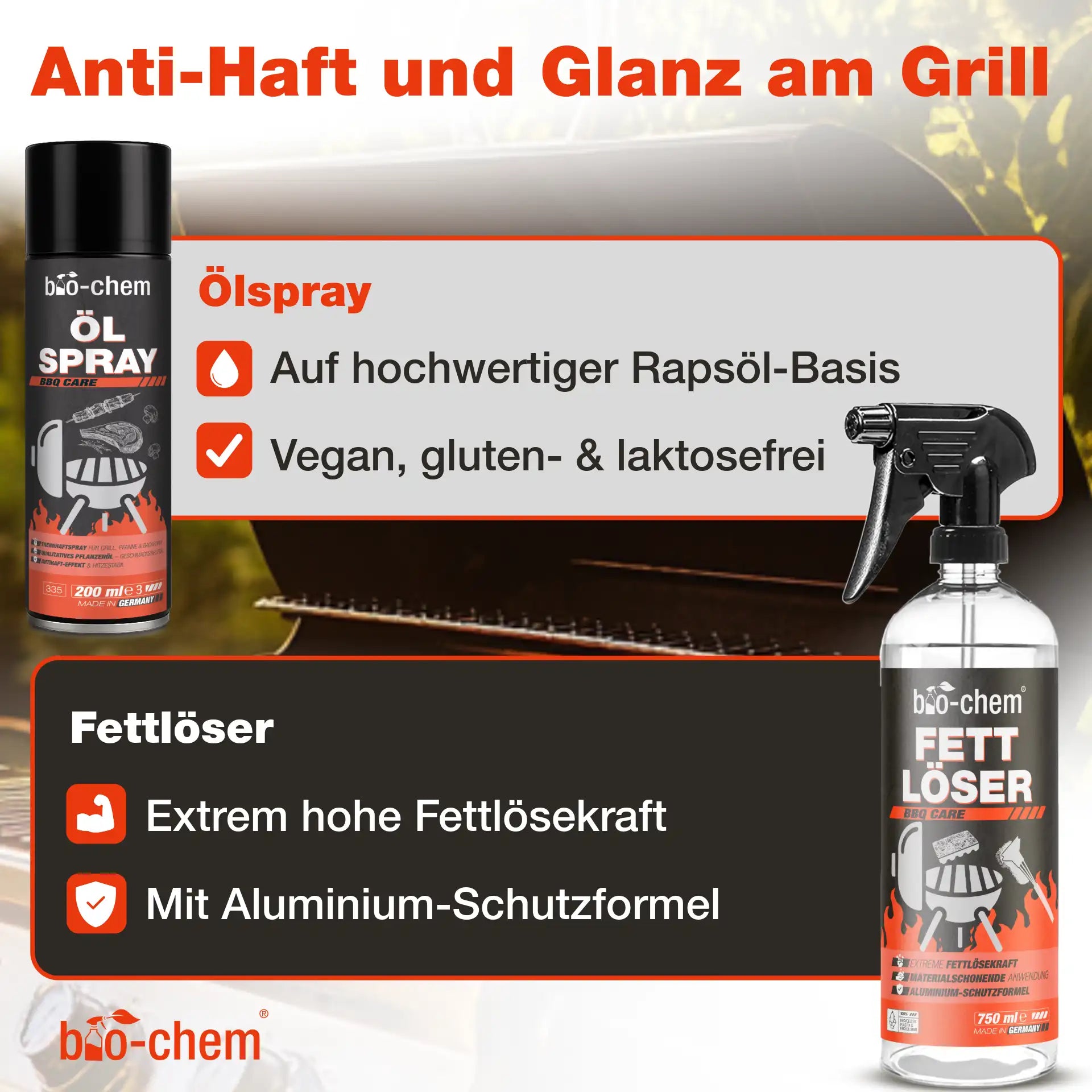 bio-chem Ölspray auf Rapsöl-Basis und Fettlöser mit Aluminium-Schutzformel für sauberen, glänzenden Grill