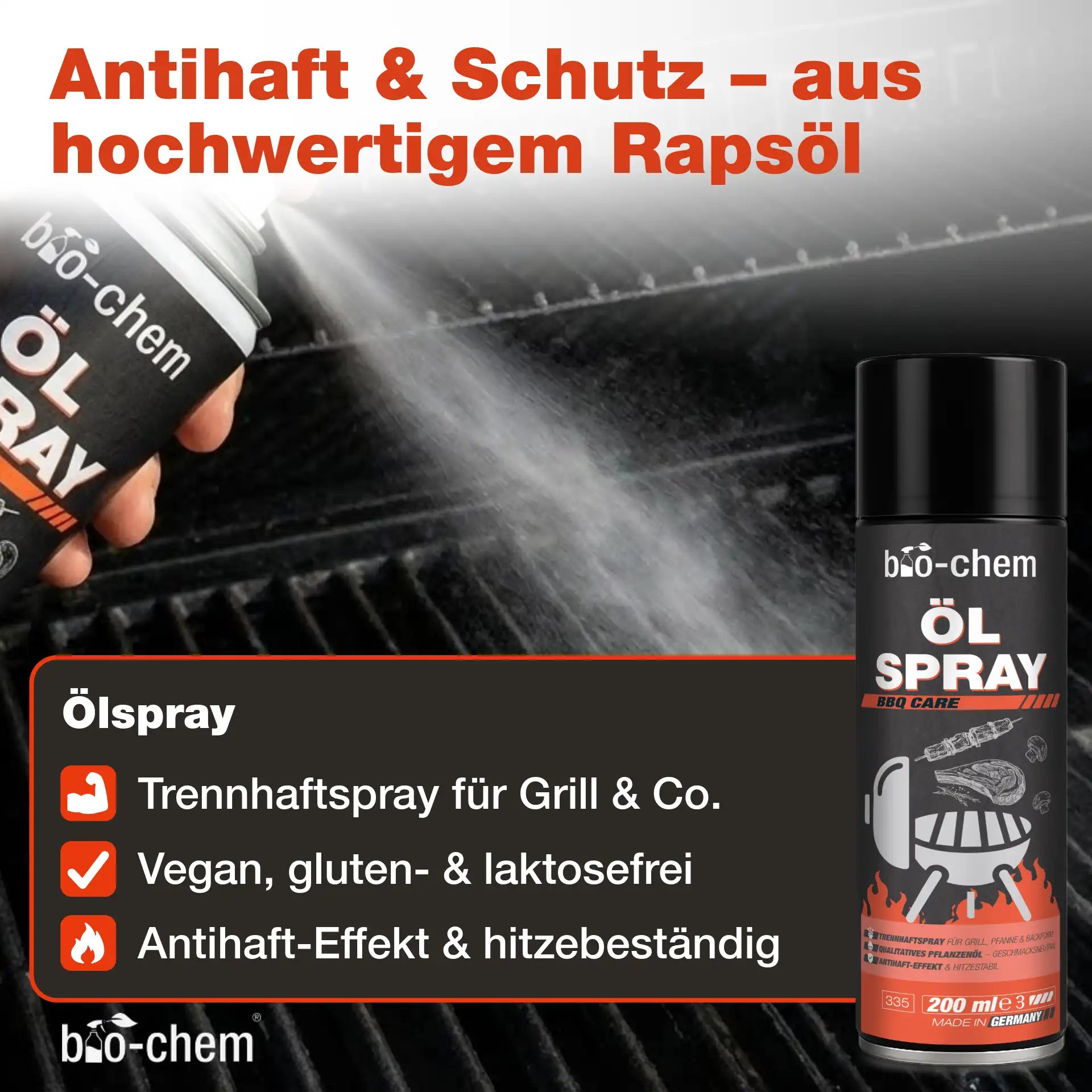 Fein zerstäubtes bio-chem Ölspray auf Grillrost zur Antihaft-Beschichtung aus pflanzlichem Rapsöl