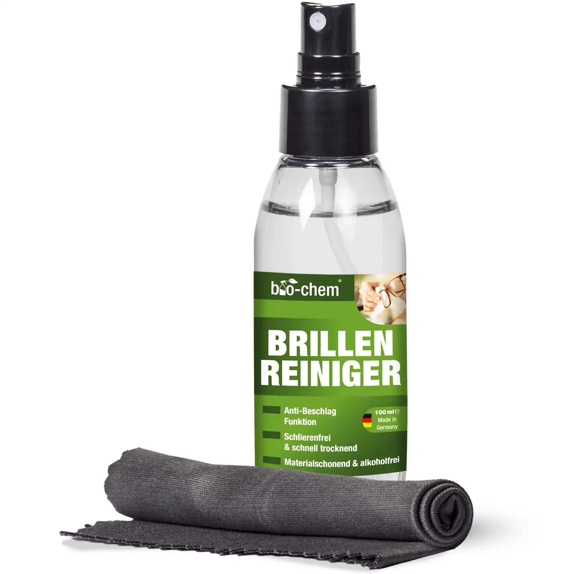 Brillenreiniger-Spray mit grauem Mikrofasertuch für streifenfreie Reinigung